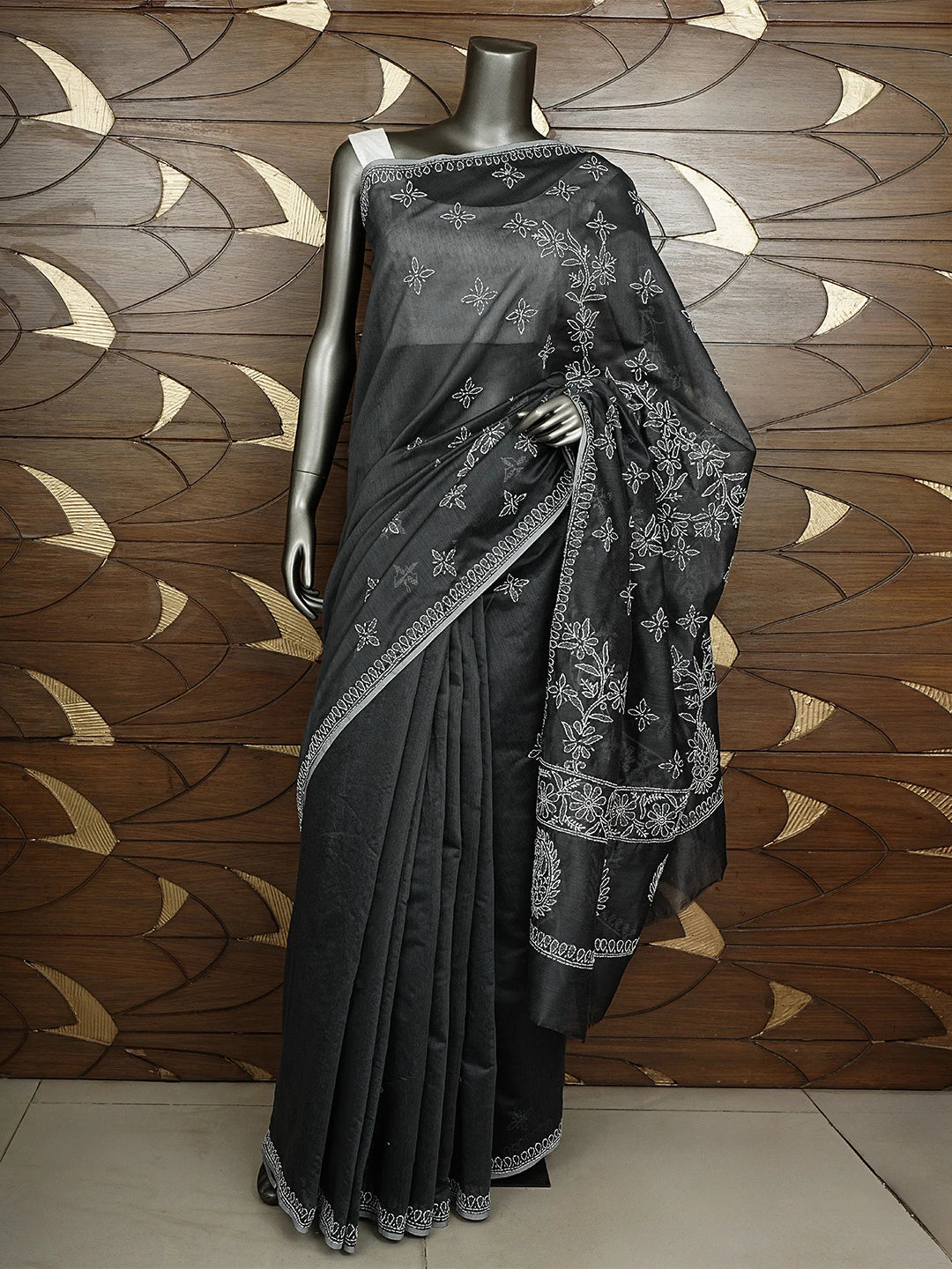 Ada Hand Embroidered Grey Chanderi Lucknowi Chikankari Saree and Blouse 01A926308