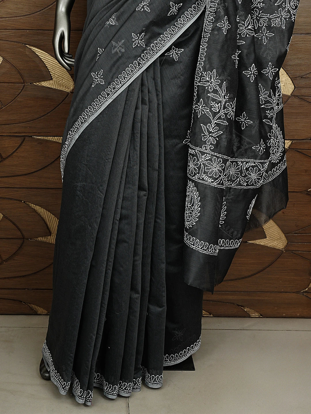 Ada Hand Embroidered Grey Chanderi Lucknowi Chikankari Saree and Blouse 01A926308