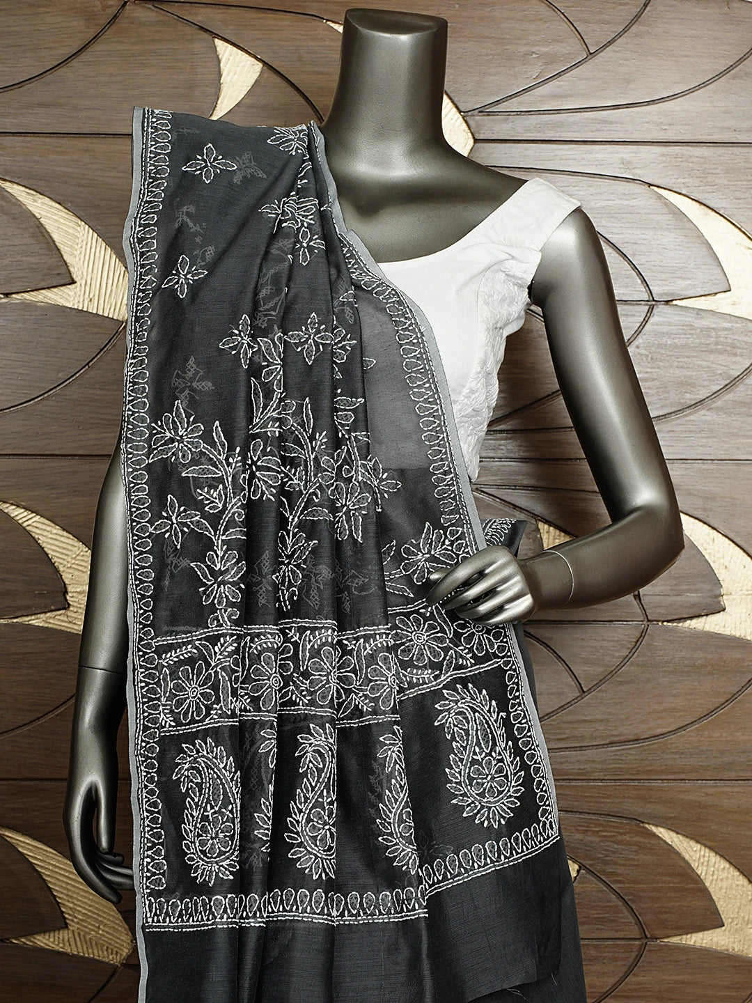 Ada Hand Embroidered Grey Chanderi Lucknowi Chikankari Saree and Blouse 01A926308