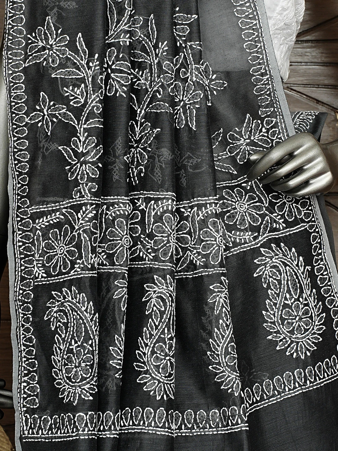 Ada Hand Embroidered Grey Chanderi Lucknowi Chikankari Saree and Blouse 01A926308