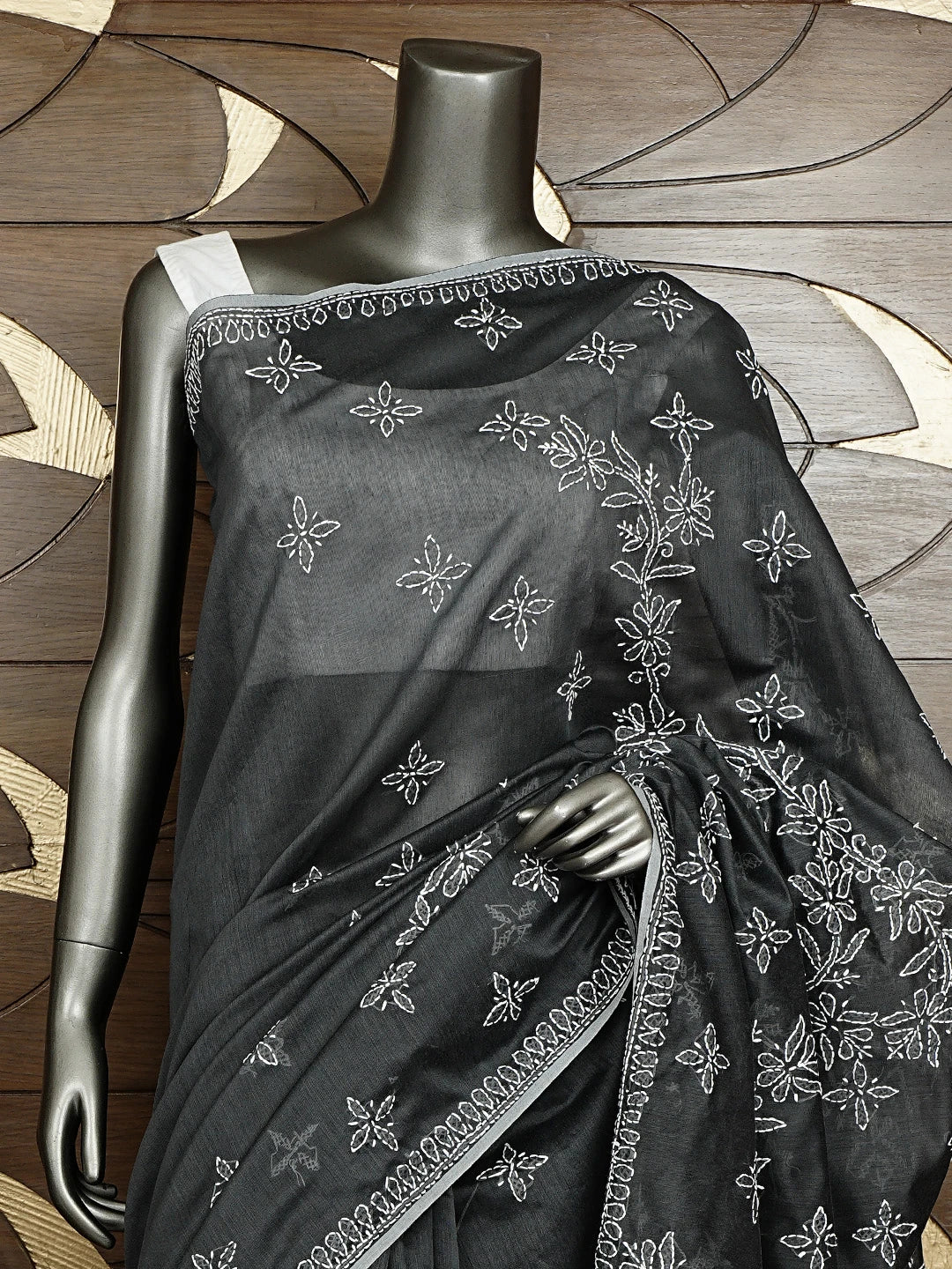 Ada Hand Embroidered Grey Chanderi Lucknowi Chikankari Saree and Blouse 01A926308
