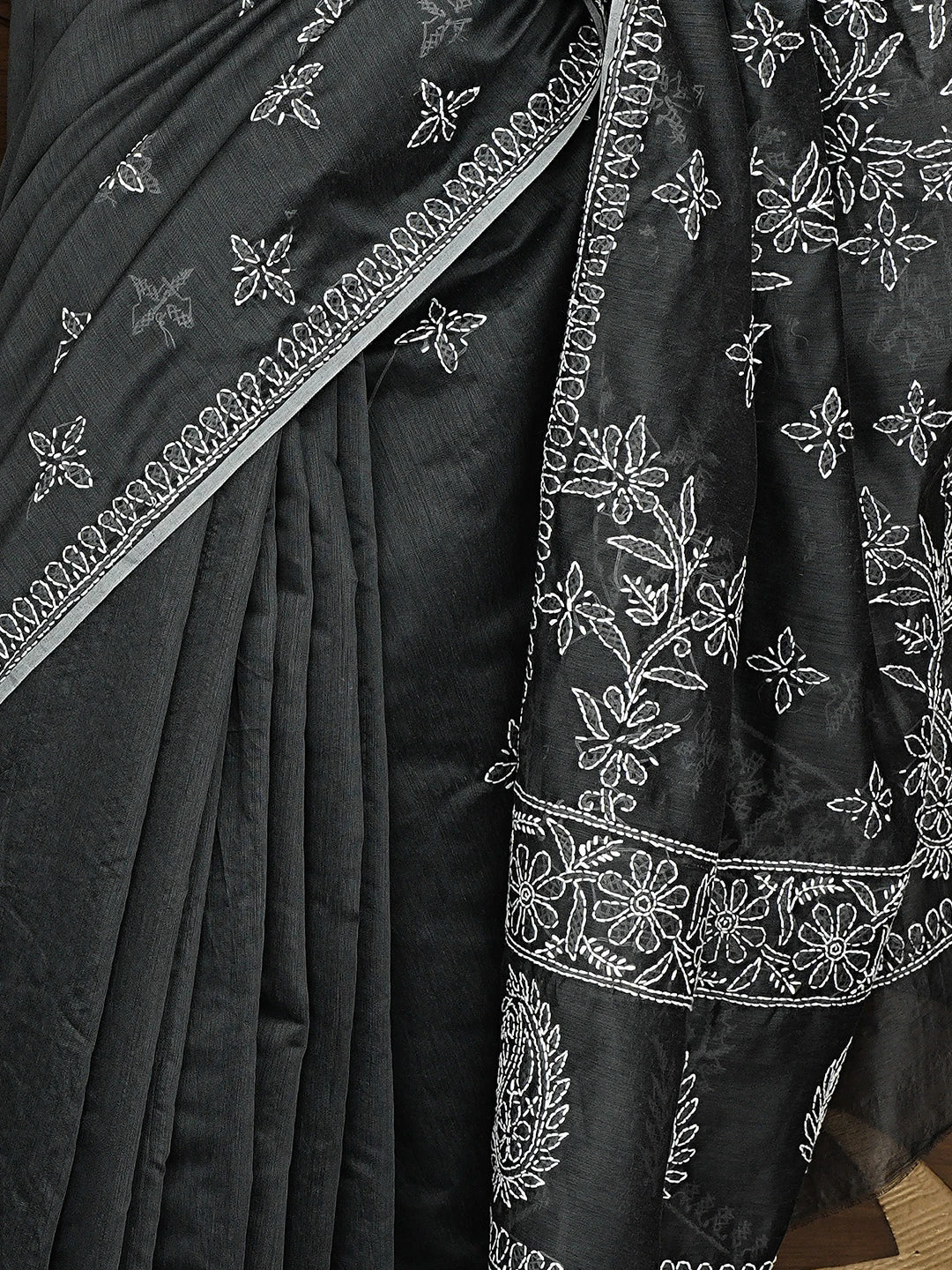 Ada Hand Embroidered Grey Chanderi Lucknowi Chikankari Saree and Blouse 01A926308