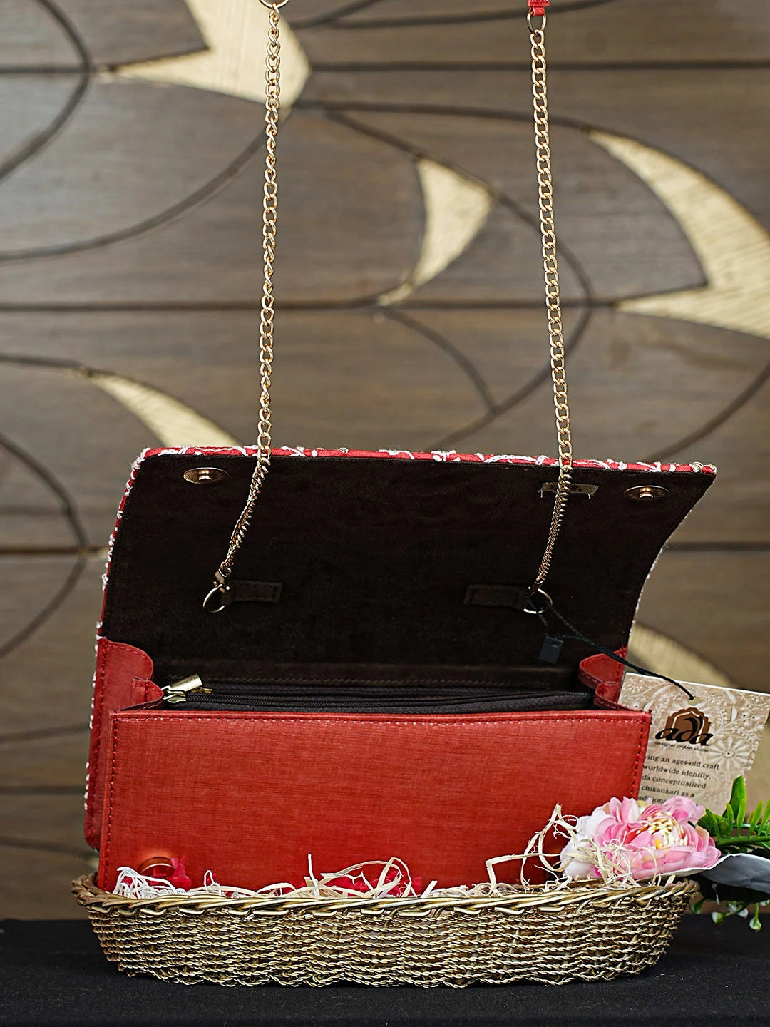 Ada Hand Embroidered Red Silk Lucknowi Chikankari Clutch With Zari Work 01A887083
