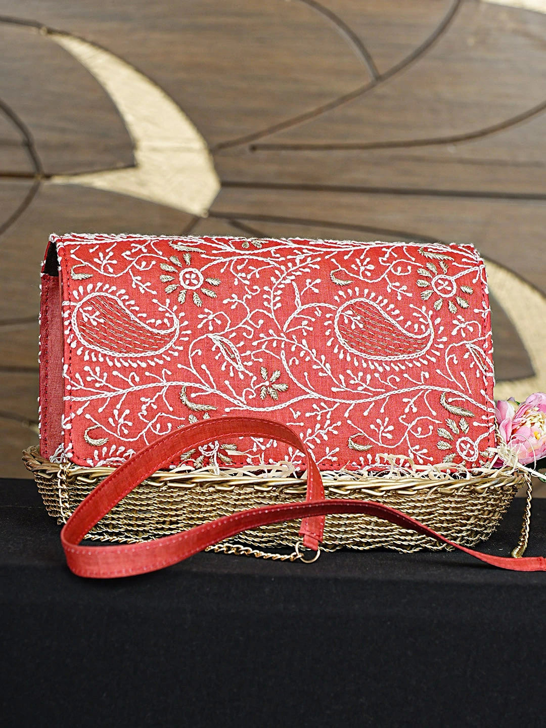 Ada Hand Embroidered Red Silk Lucknowi Chikankari Clutch With Zari Work 01A887083