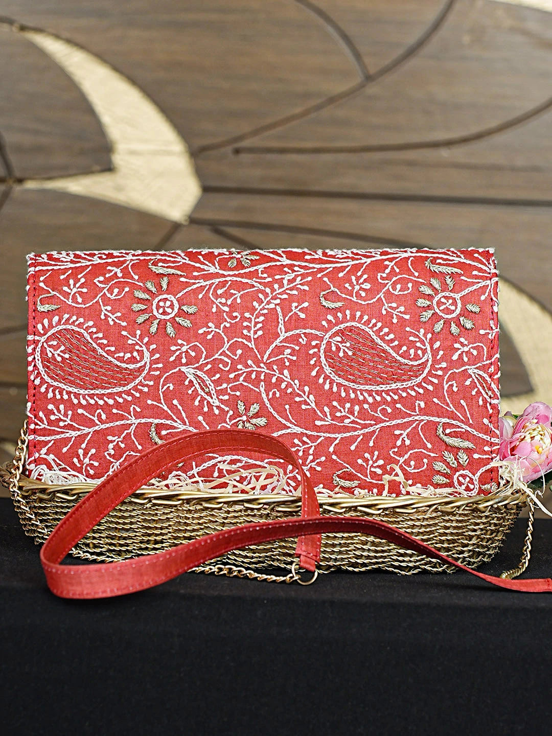 Ada Hand Embroidered Red Silk Lucknowi Chikankari Clutch With Zari Work 01A887083