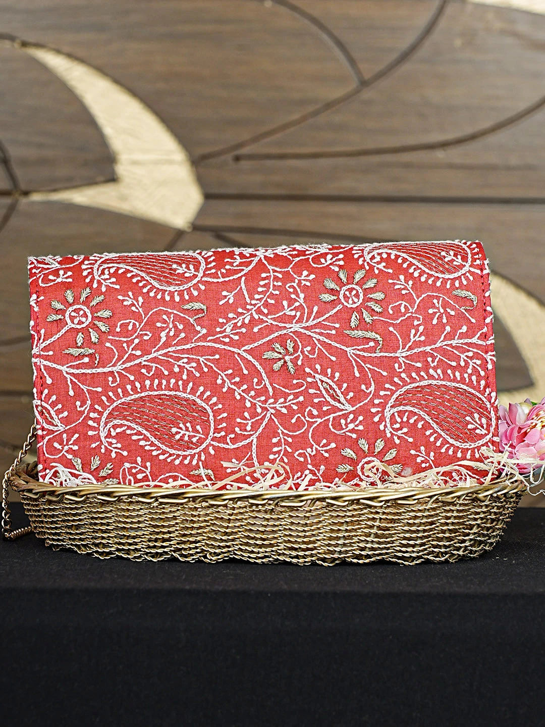 Ada Hand Embroidered Red Silk Lucknowi Chikankari Clutch With Zari Work 01A887083