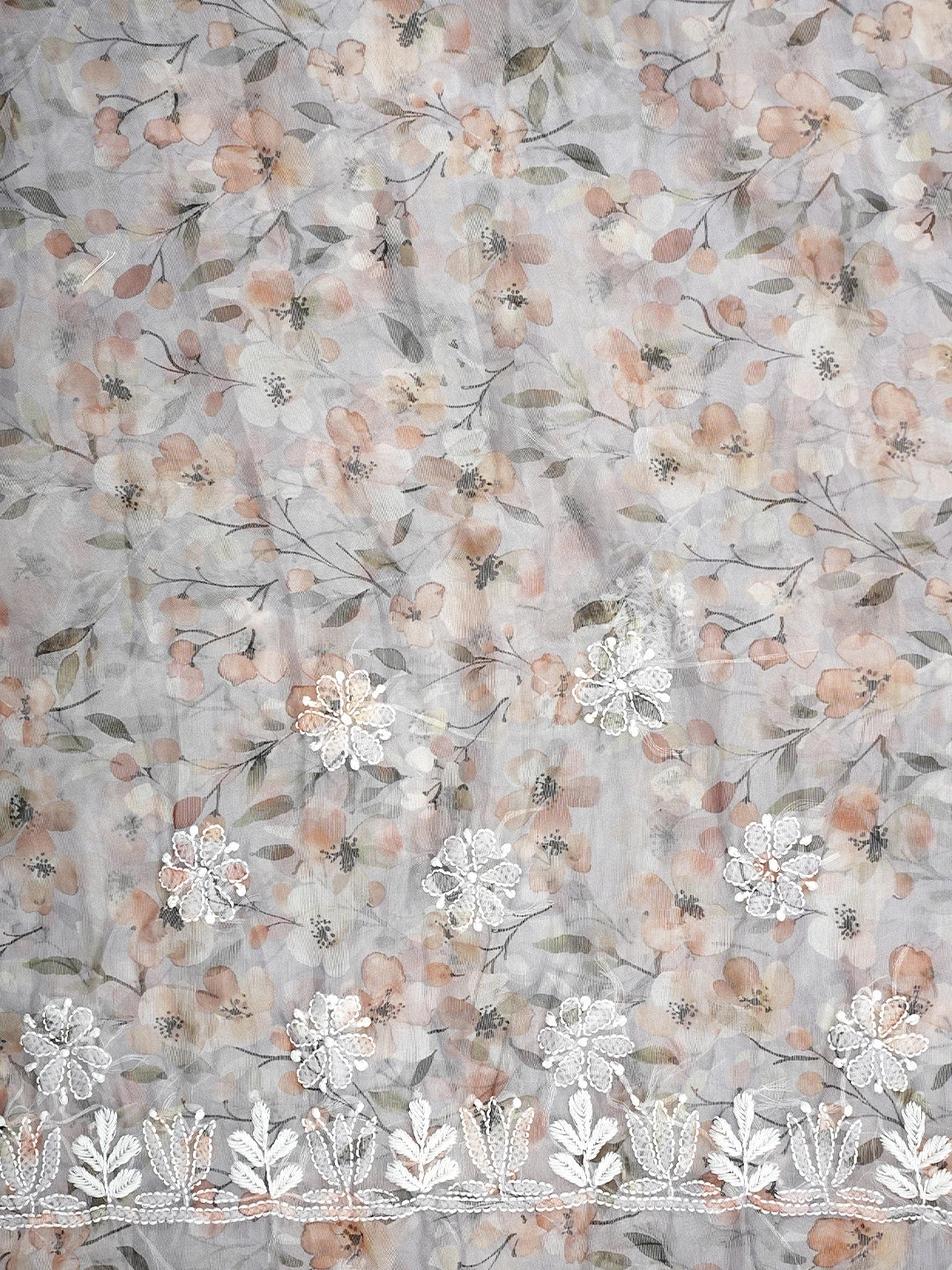Ada Hand Embroidered Floral Printed Grey Organza Lucknowi Chikankari Saree and Blouse 01A898060