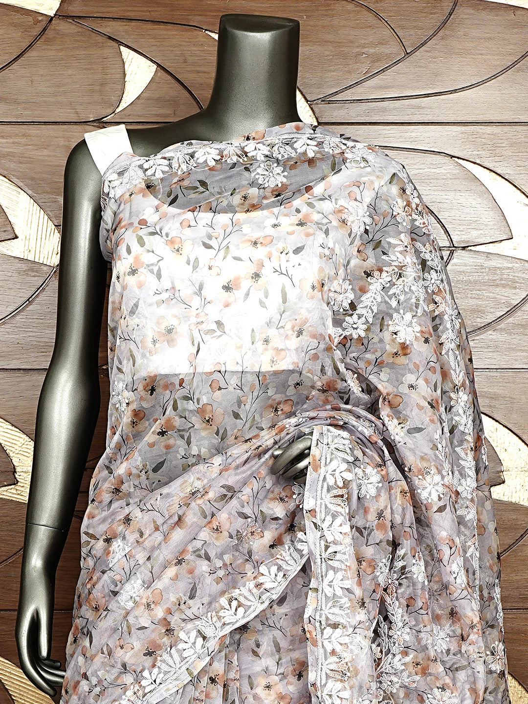 Ada Hand Embroidered Floral Printed Grey Organza Lucknowi Chikankari Saree and Blouse 01A898060