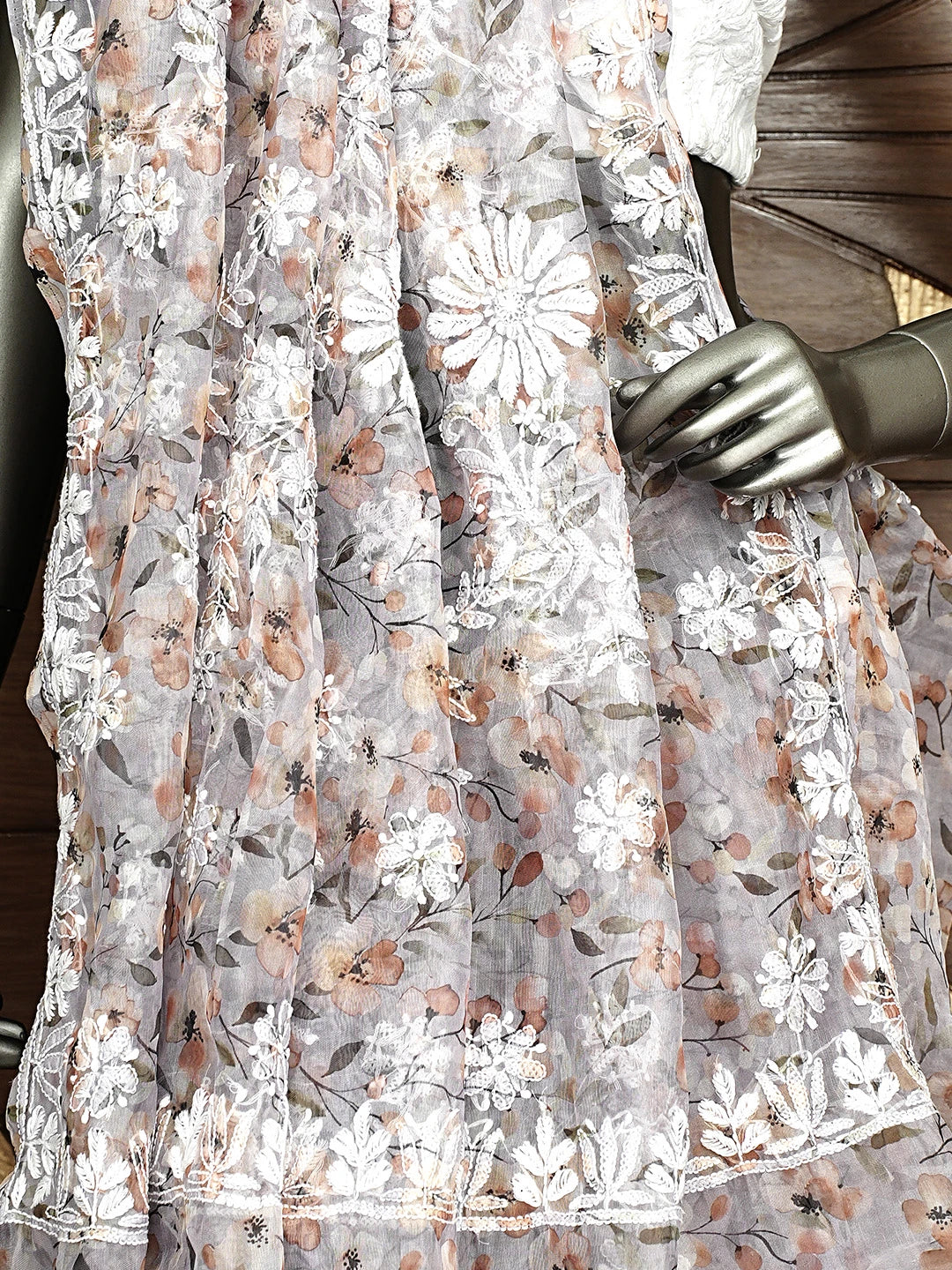 Ada Hand Embroidered Floral Printed Grey Organza Lucknowi Chikankari Saree and Blouse 01A898060