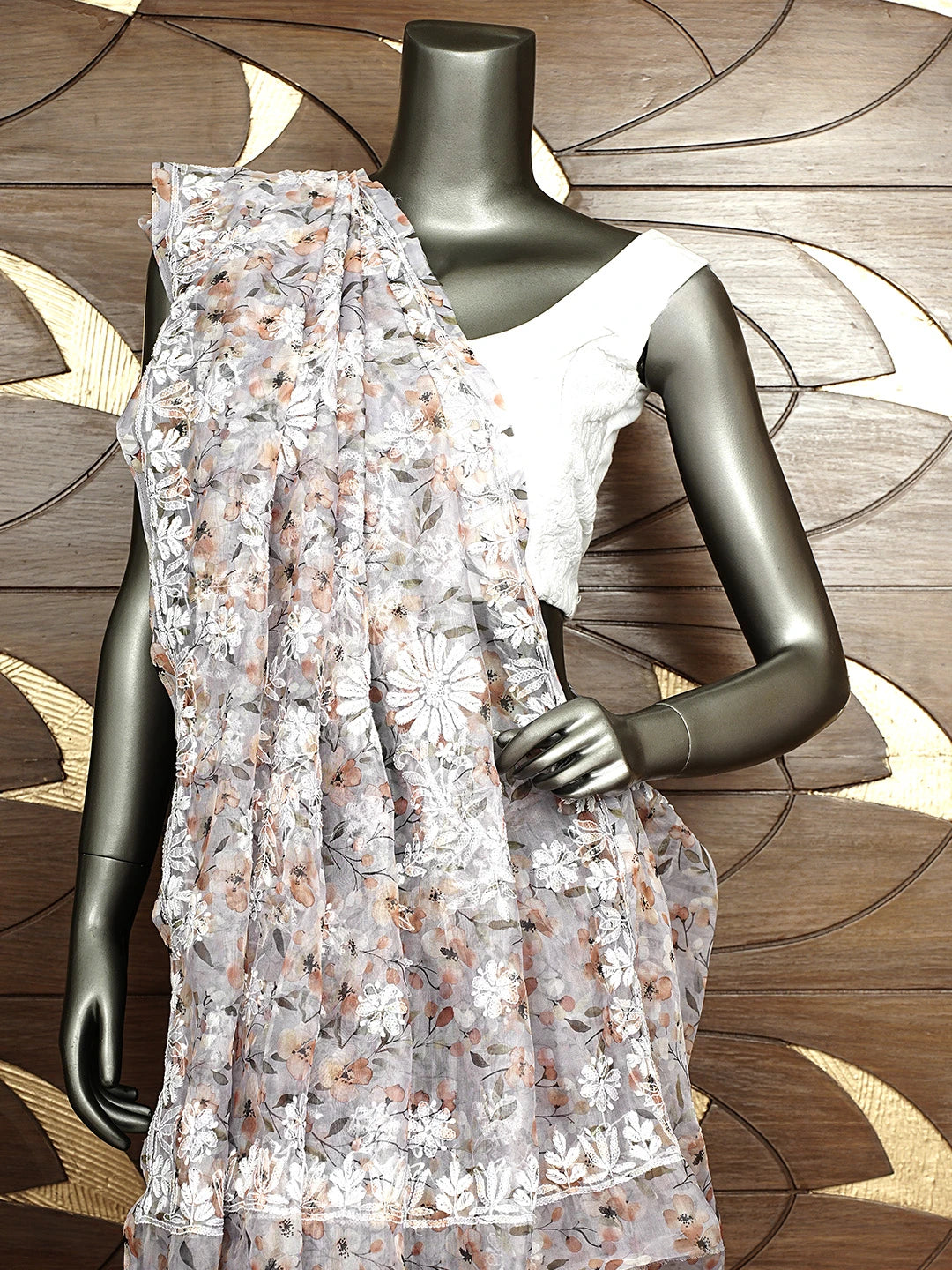 Ada Hand Embroidered Floral Printed Grey Organza Lucknowi Chikankari Saree and Blouse 01A898060