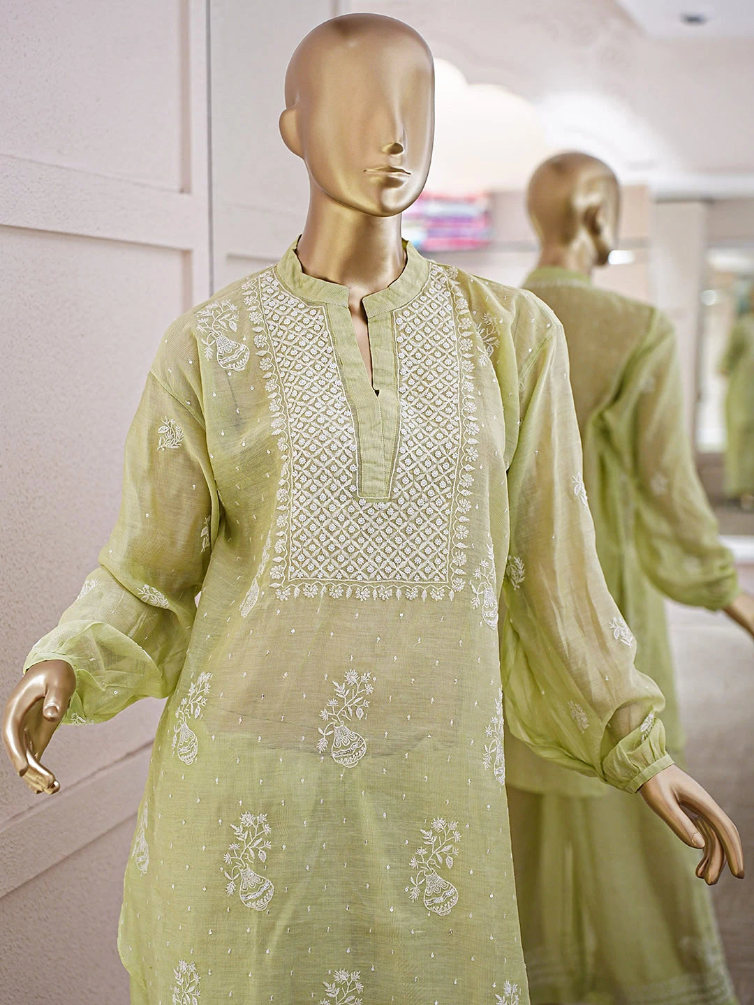 Ada Hand Embroidered Tea Green Tissue Lucknowi Chikankari Semi-Stitched Straight Kurta/Palazzo Set With Cutdana Work 01A935438