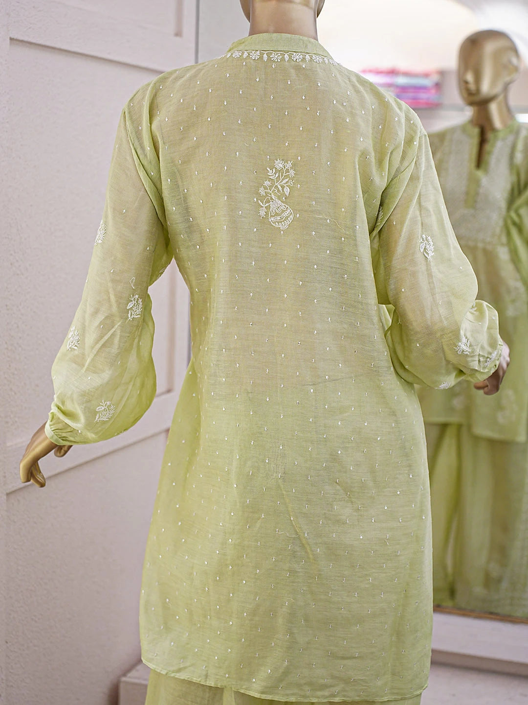 Ada Hand Embroidered Tea Green Tissue Lucknowi Chikankari Semi-Stitched Straight Kurta/Palazzo Set With Cutdana Work 01A935438