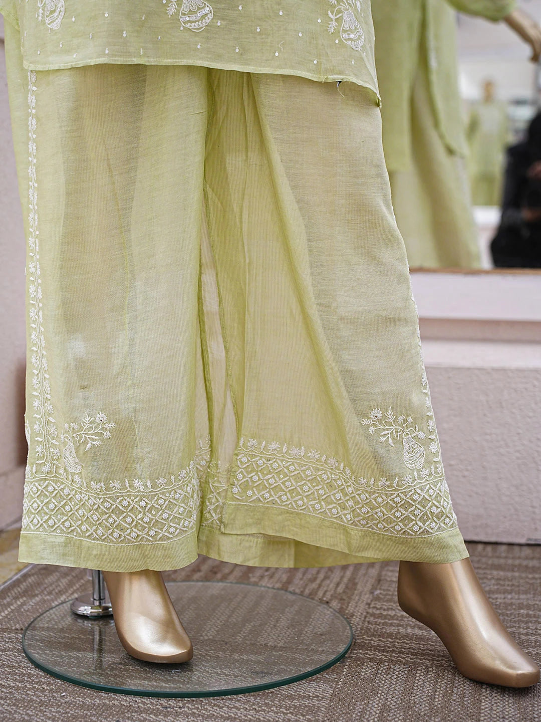 Ada Hand Embroidered Tea Green Tissue Lucknowi Chikankari Semi-Stitched Straight Kurta/Palazzo Set With Cutdana Work 01A935438