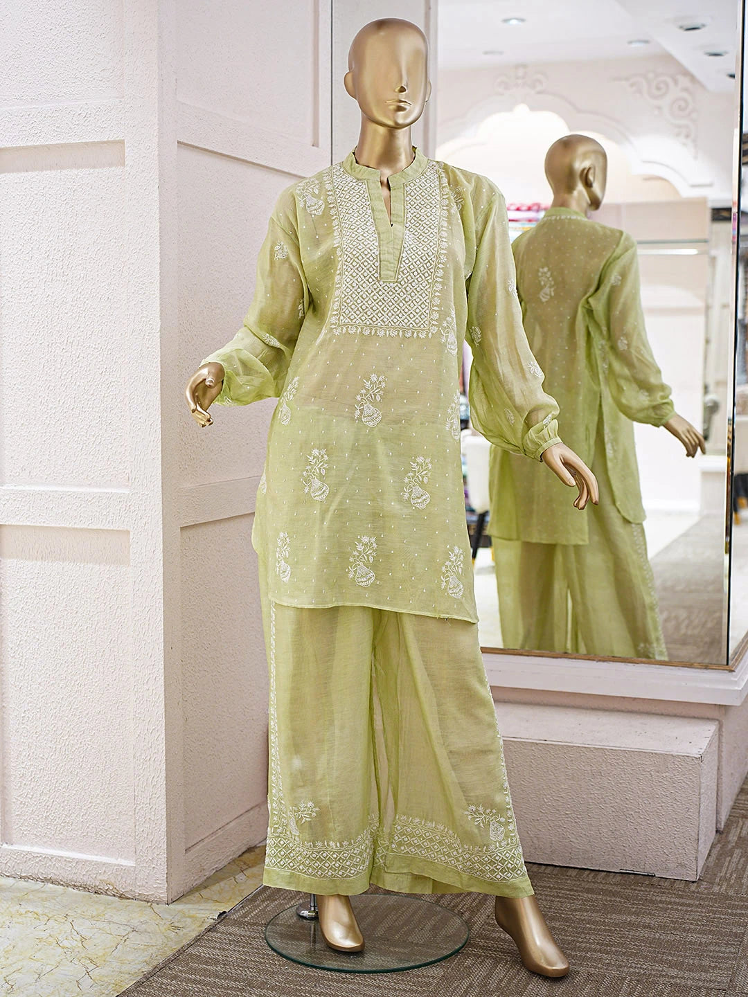 Ada Hand Embroidered Tea Green Tissue Lucknowi Chikankari Semi-Stitched Straight Kurta/Palazzo Set With Cutdana Work 01A935438