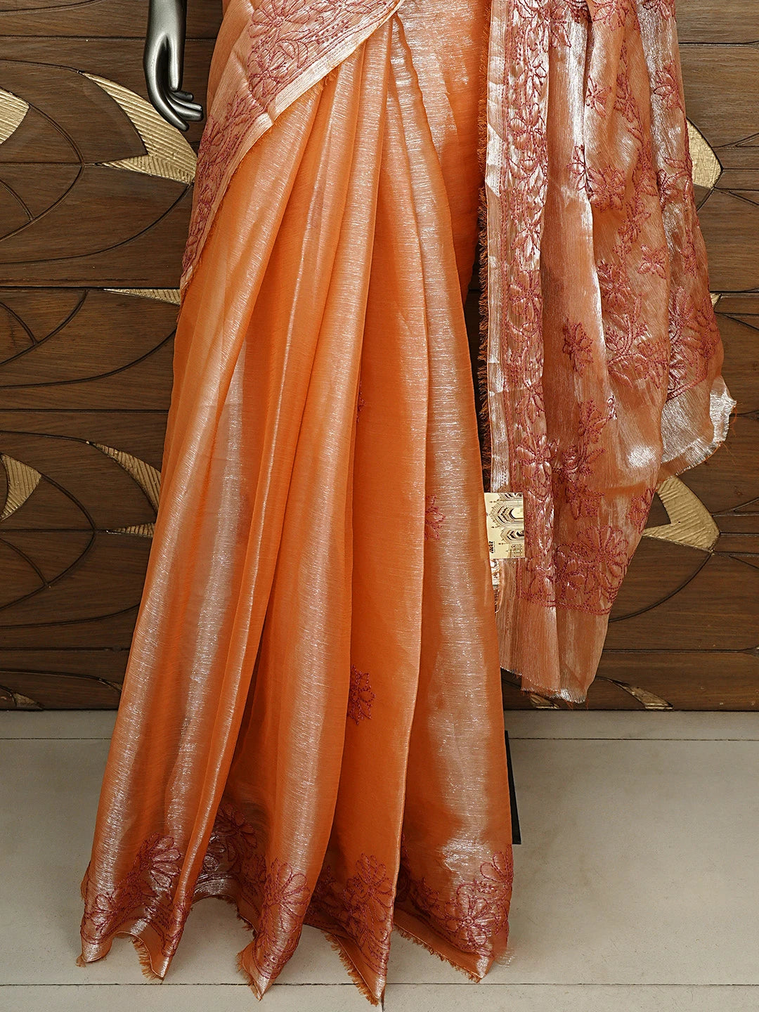 Ada Hand Embroidered Rust Tissue Lucknowi Chikankari Saree and Blouse 01A911311