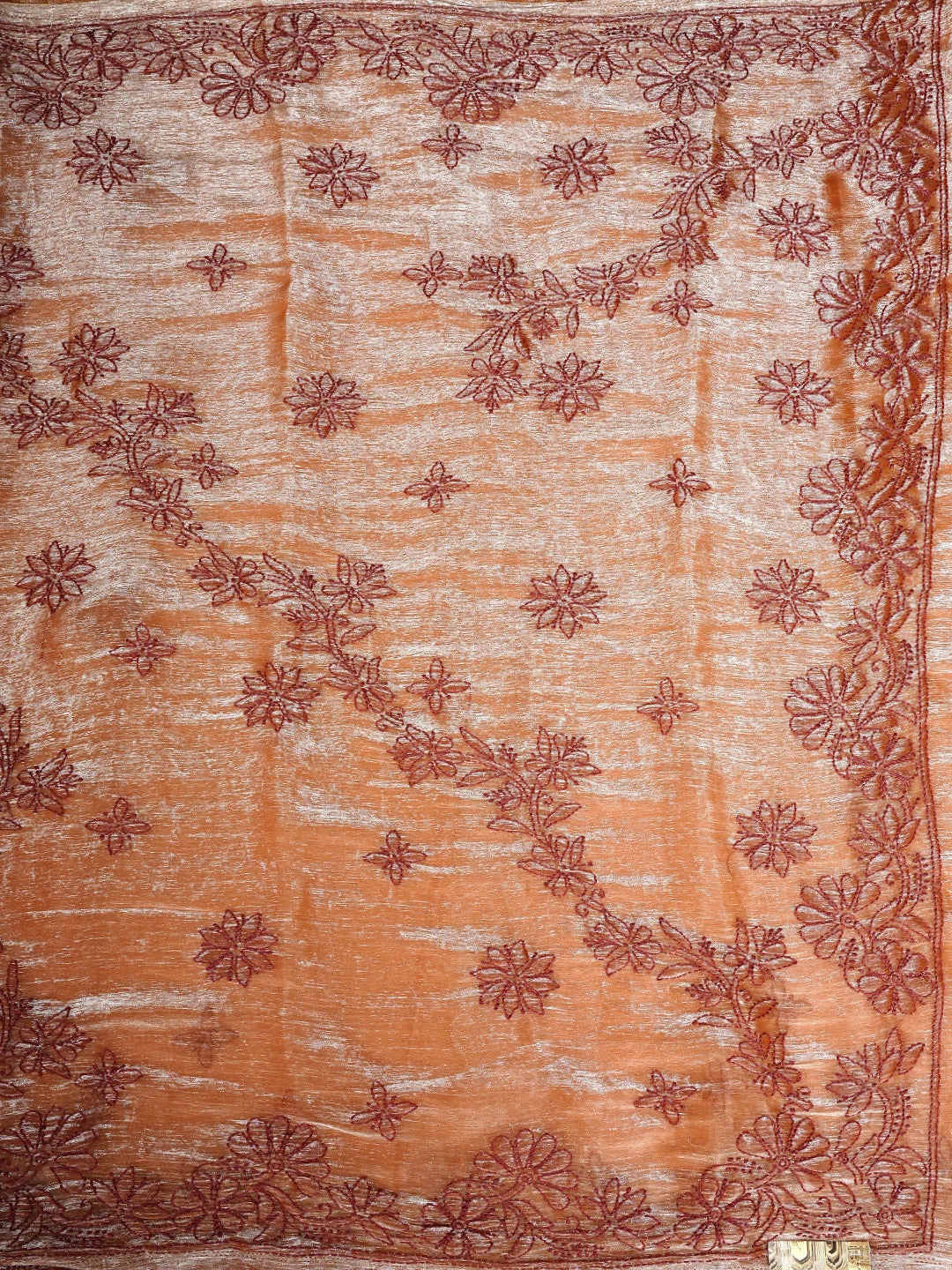 Ada Hand Embroidered Rust Tissue Lucknowi Chikankari Saree and Blouse 01A911311