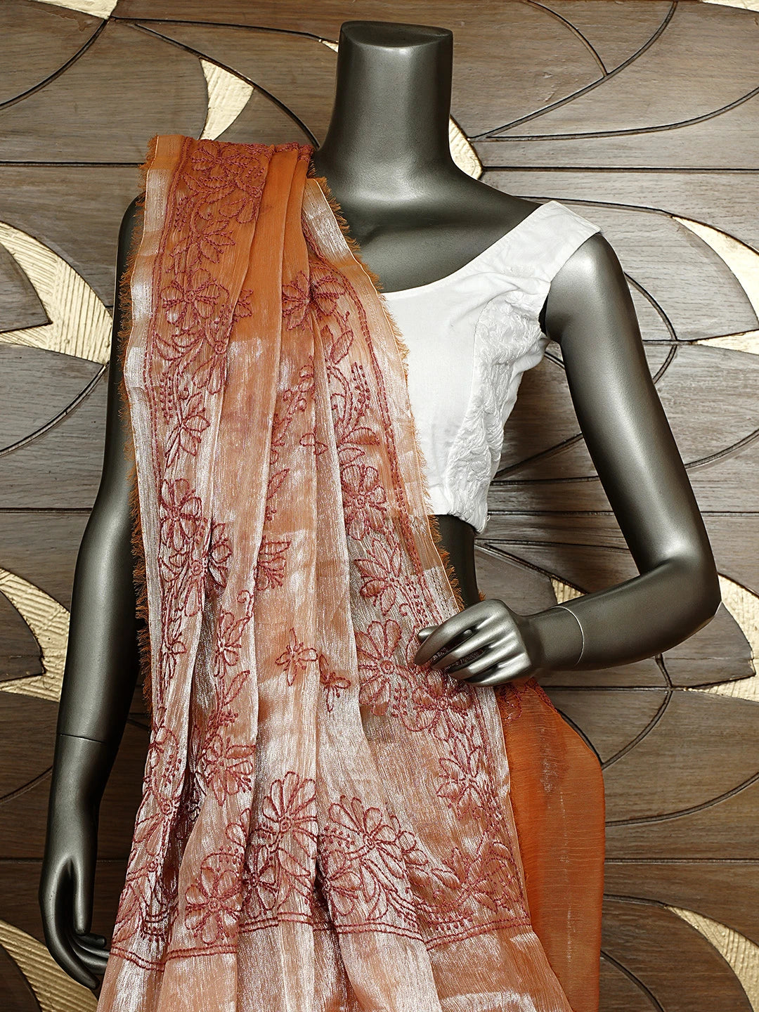 Ada Hand Embroidered Rust Tissue Lucknowi Chikankari Saree and Blouse 01A911311