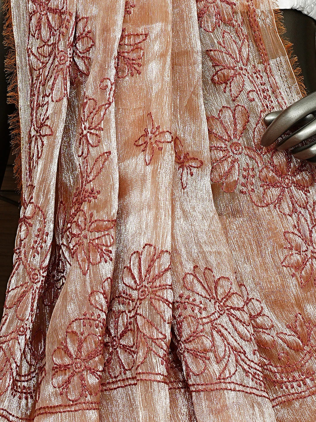 Ada Hand Embroidered Rust Tissue Lucknowi Chikankari Saree and Blouse 01A911311