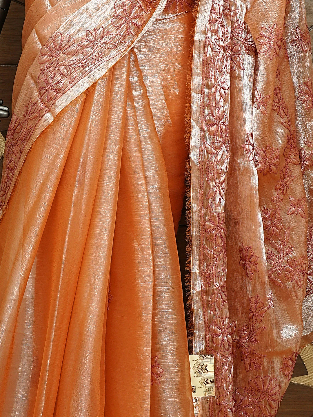 Ada Hand Embroidered Rust Tissue Lucknowi Chikankari Saree and Blouse 01A911311