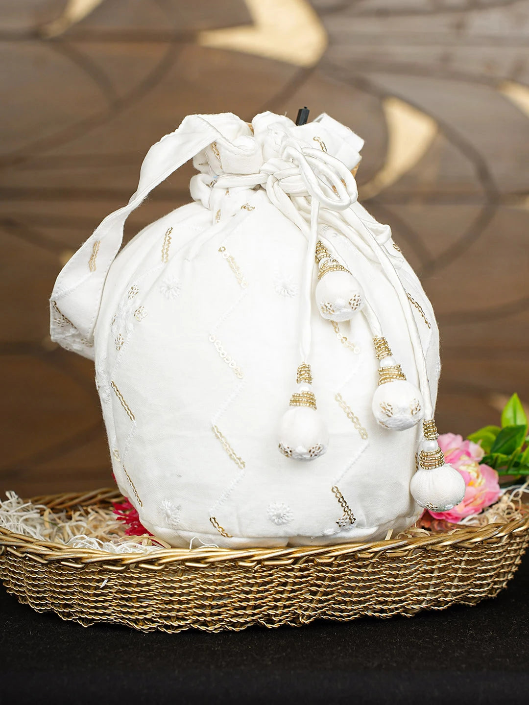 Ada Hand Embroidered White Cotton Lucknowi Chikankari Potli Bag With Sequinned Work 01A862592