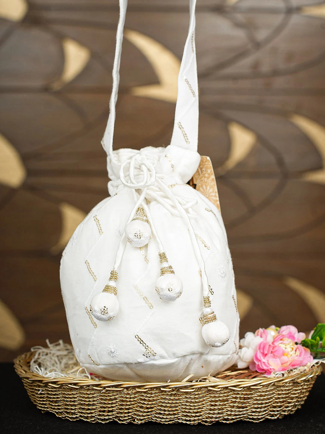 Ada Hand Embroidered White Cotton Lucknowi Chikankari Potli Bag With Sequinned Work 01A862592