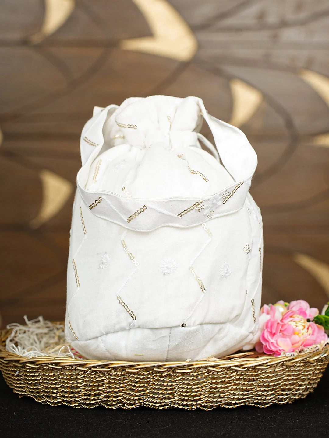 Ada Hand Embroidered White Cotton Lucknowi Chikankari Potli Bag With Sequinned Work 01A862592