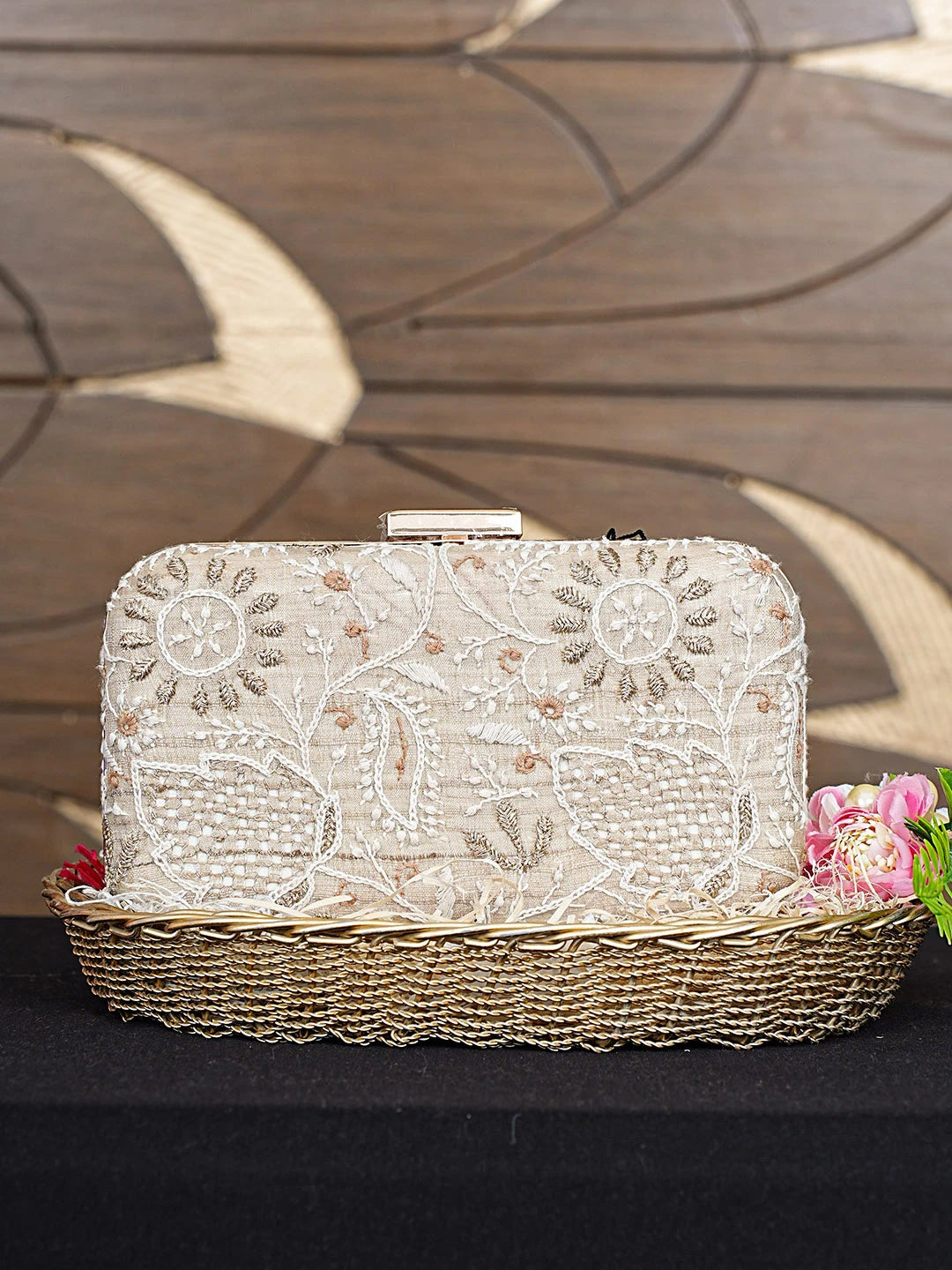 Ada Hand Embroidered Fawn Silk Lucknowi Chikankari Clutch With Zari Work 01A933542