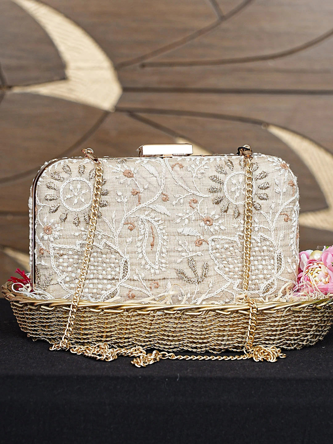 Ada Hand Embroidered Fawn Silk Lucknowi Chikankari Clutch With Zari Work 01A933542