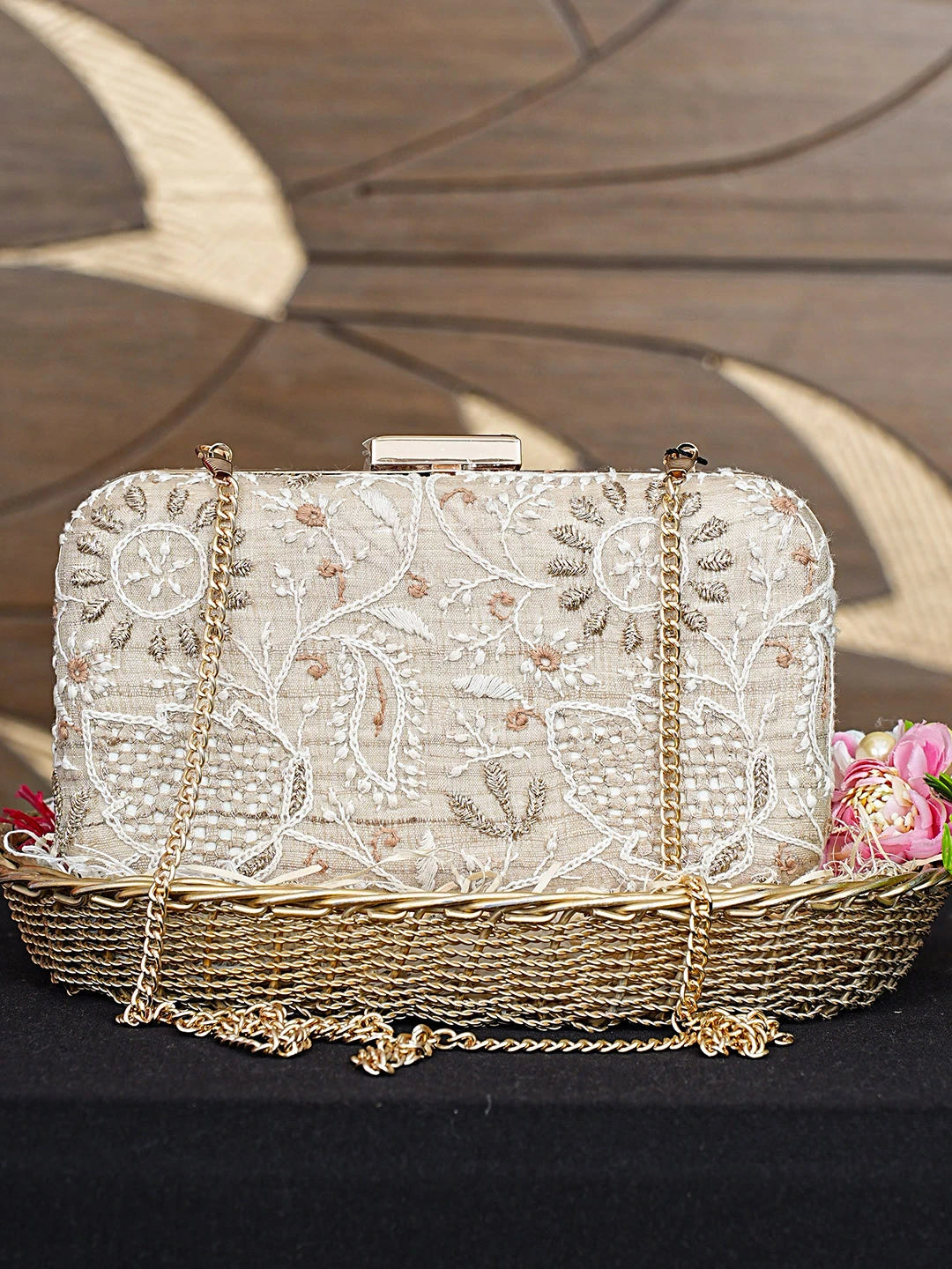 Ada Hand Embroidered Fawn Silk Lucknowi Chikankari Clutch With Zari Work 01A933542
