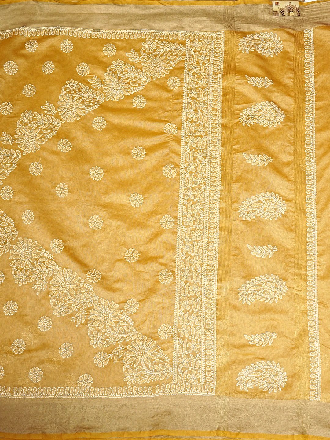 Ada Hand Embroidered Fawn Chanderi Lucknowi Chikankari Saree With Blouse 01A913308