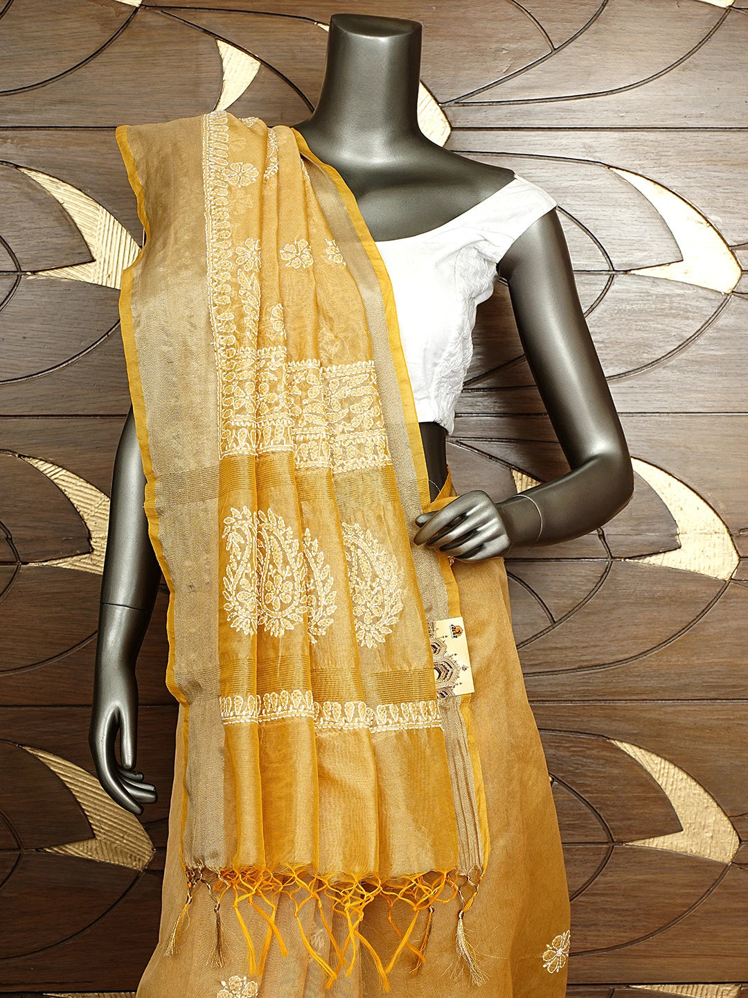 Ada Hand Embroidered Fawn Chanderi Lucknowi Chikankari Saree With Blouse 01A913308