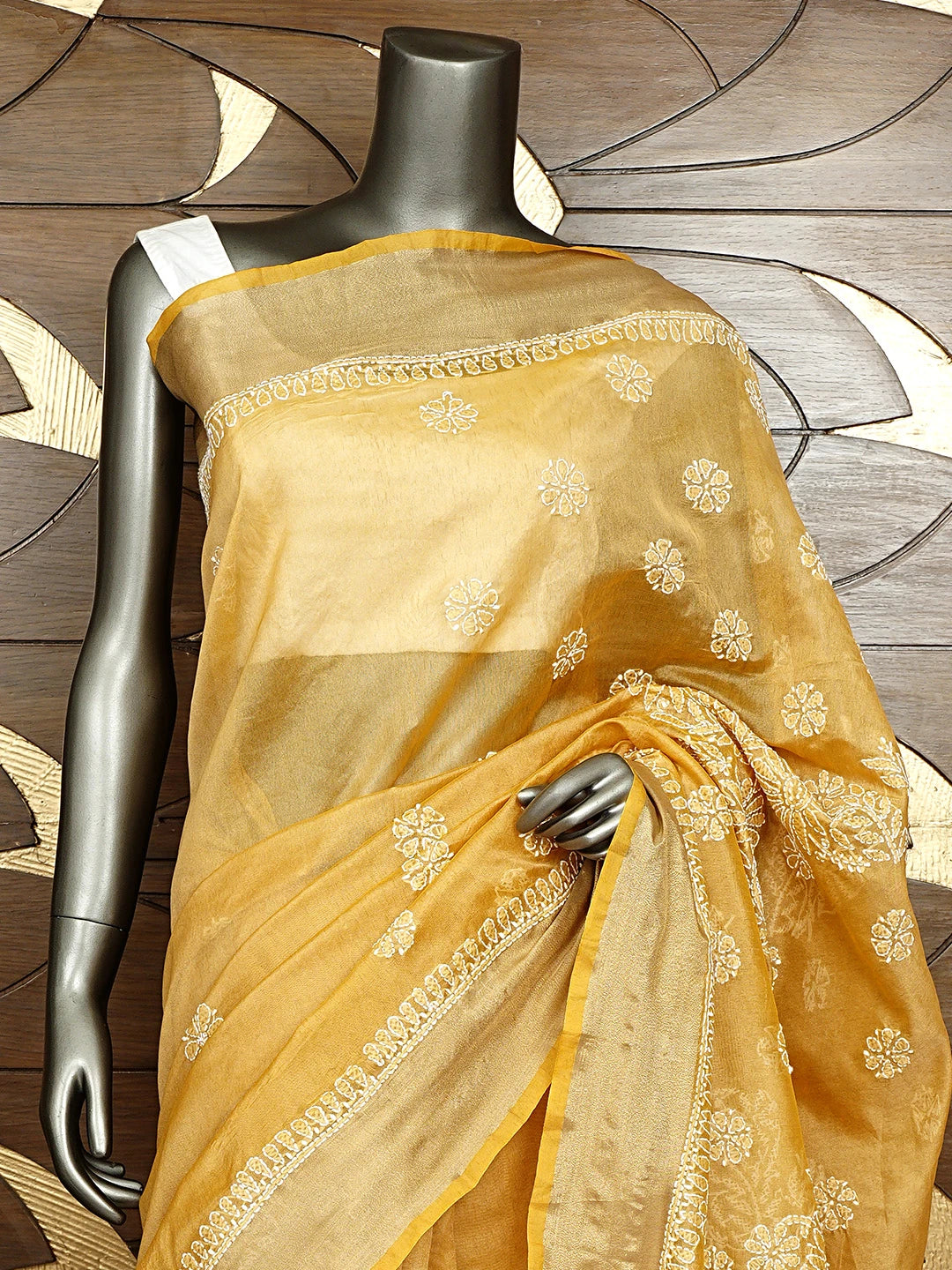Ada Hand Embroidered Fawn Chanderi Lucknowi Chikankari Saree With Blouse 01A913308