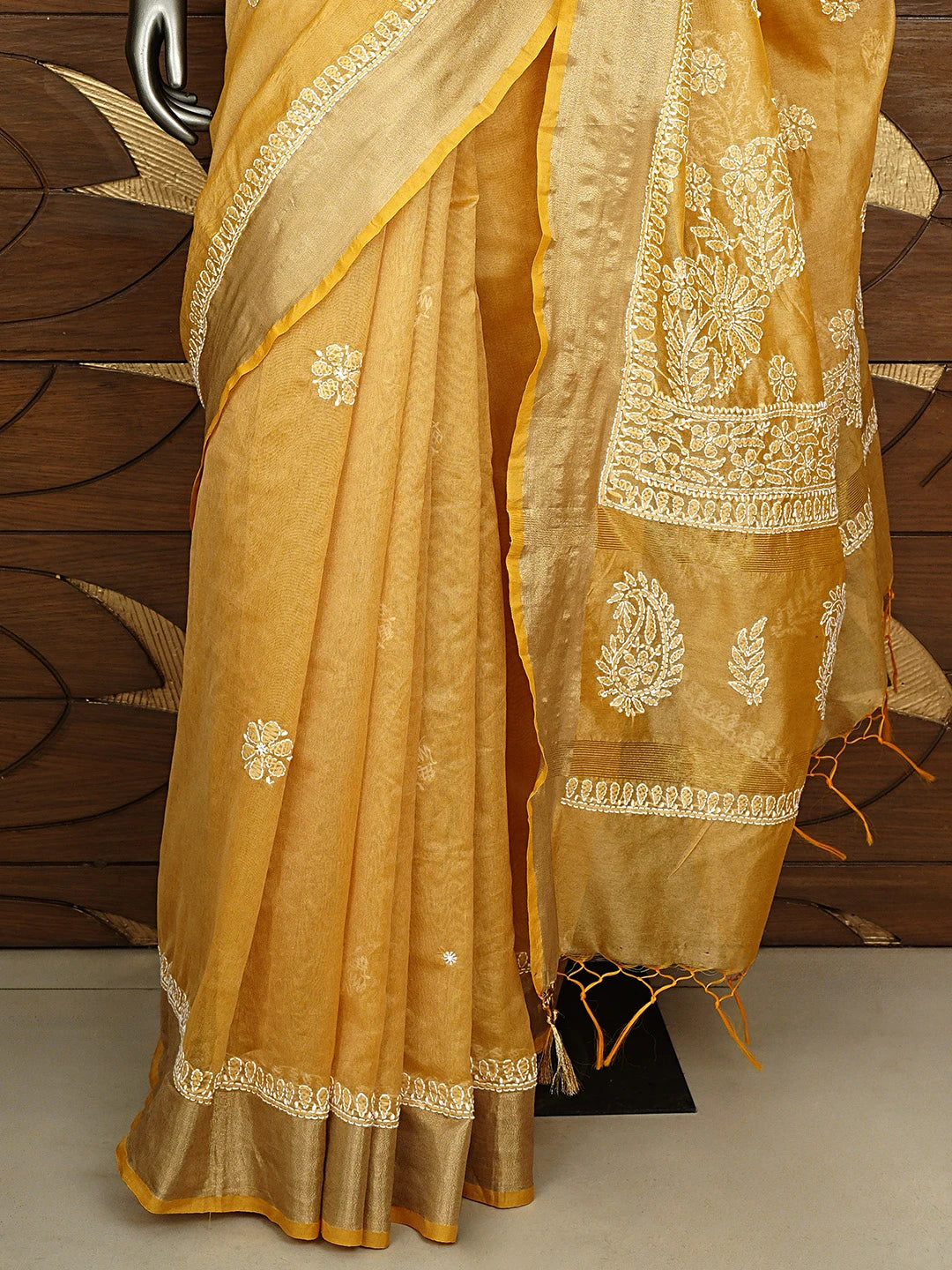 Ada Hand Embroidered Fawn Chanderi Lucknowi Chikankari Saree With Blouse 01A913308