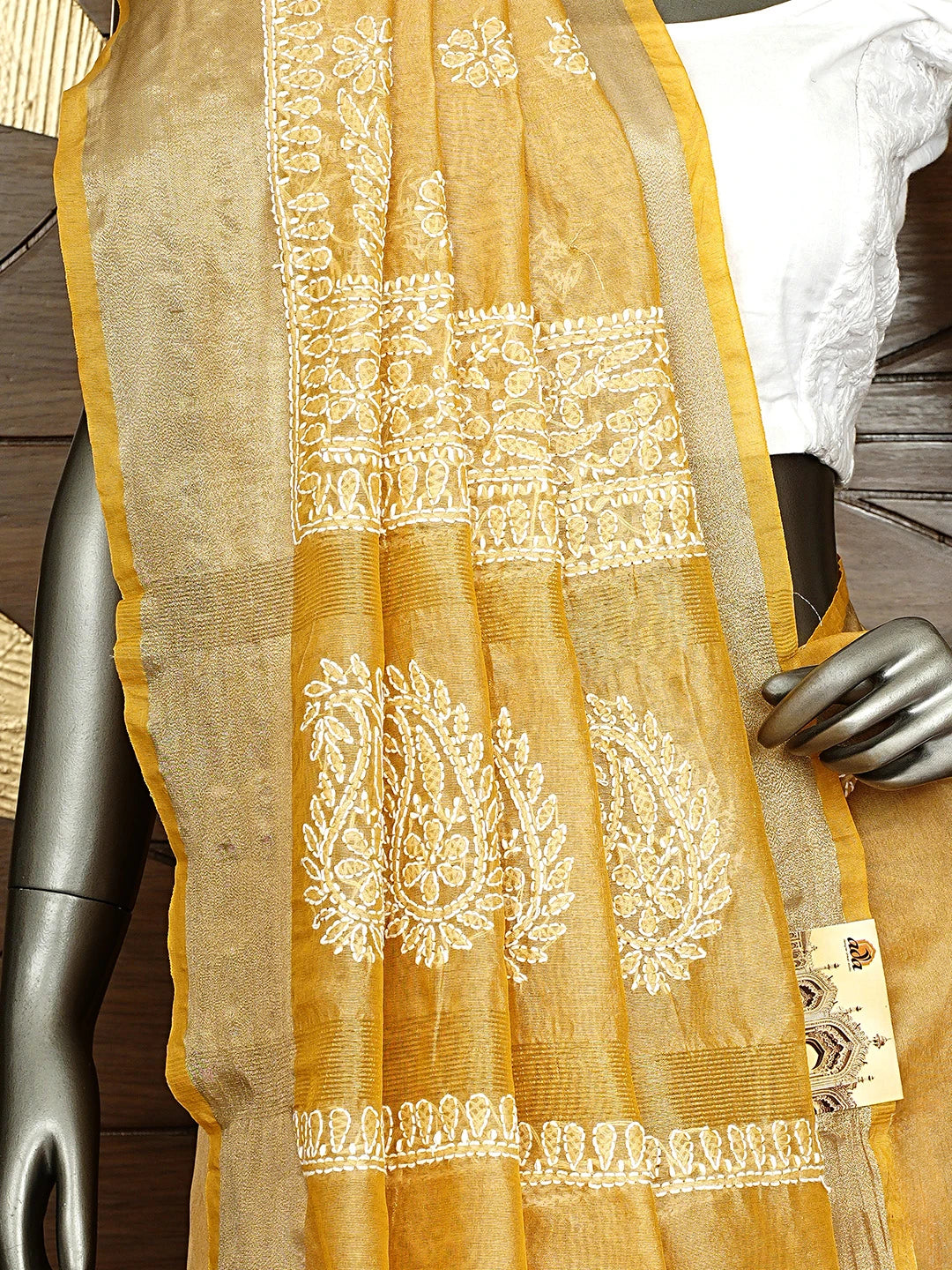 Ada Hand Embroidered Fawn Chanderi Lucknowi Chikankari Saree With Blouse 01A913308