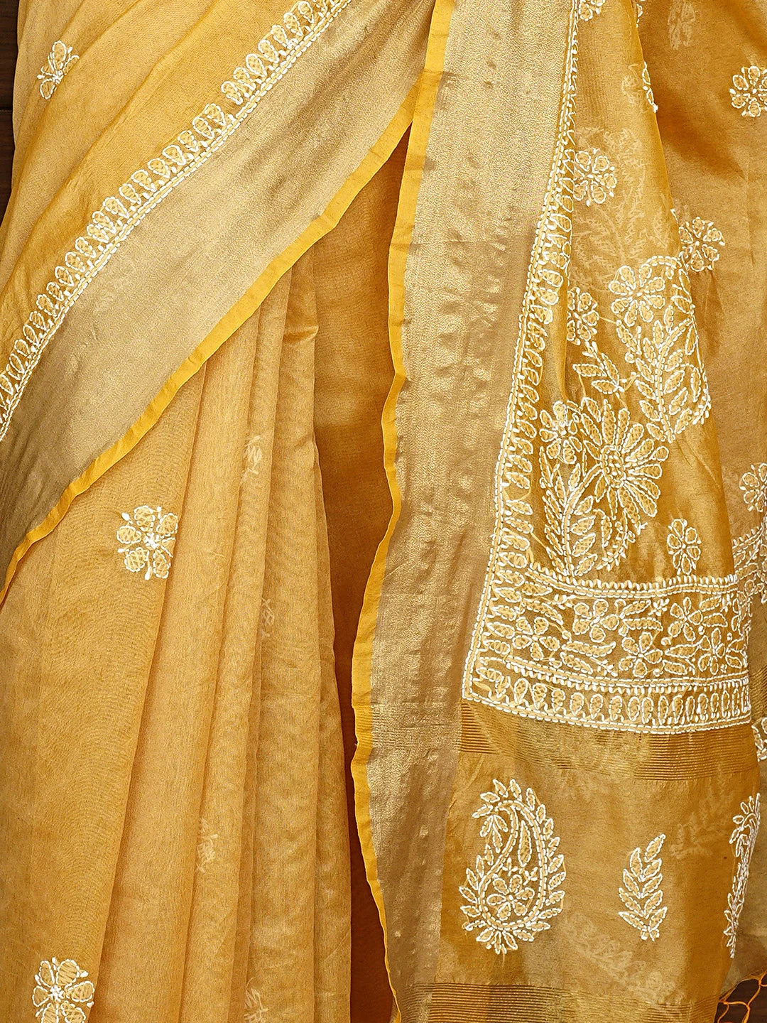 Ada Hand Embroidered Fawn Chanderi Lucknowi Chikankari Saree With Blouse 01A913308