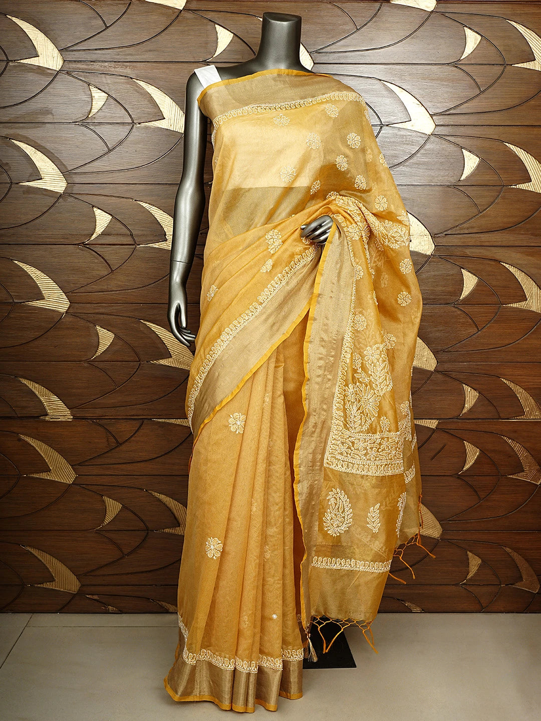 Ada Hand Embroidered Fawn Chanderi Lucknowi Chikankari Saree With Blouse 01A913308
