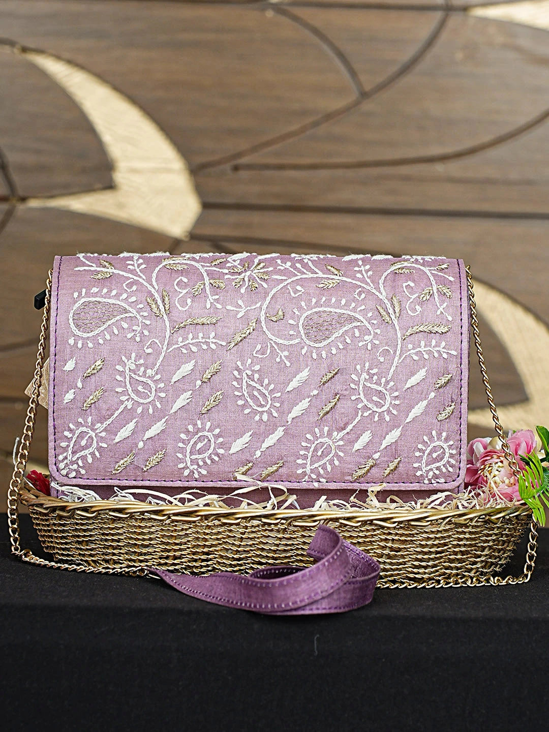 Ada Hand Embroidered Mauve Silk Lucknowi Chikankari Clutch With Zari Work 01A894261