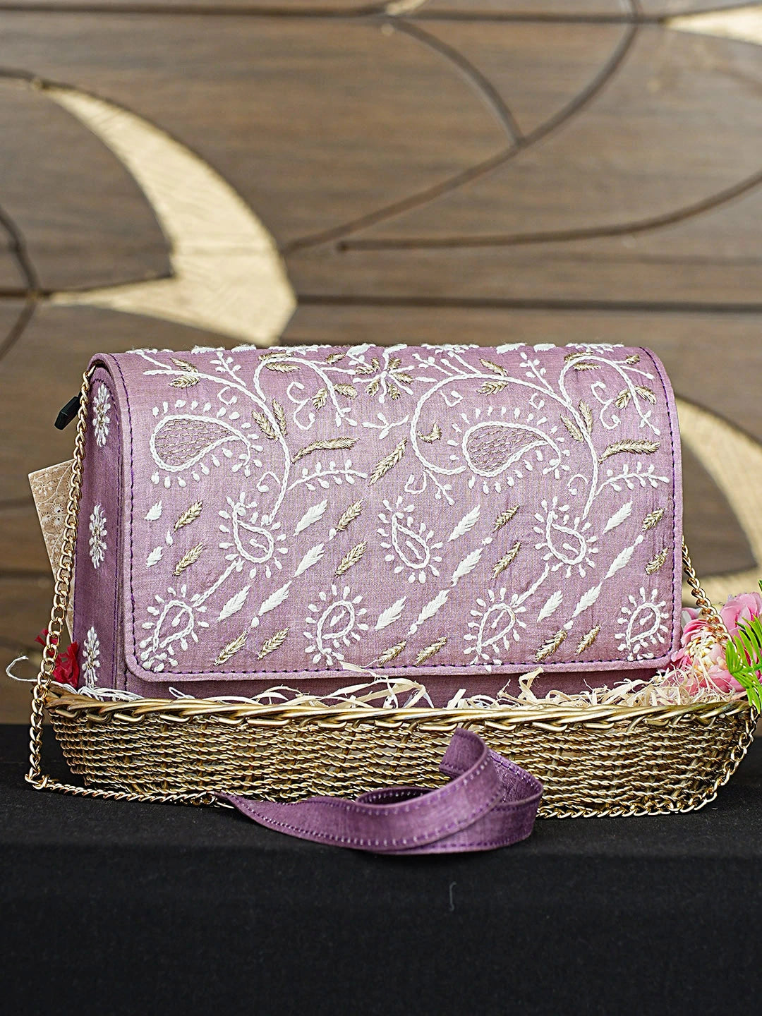 Ada Hand Embroidered Mauve Silk Lucknowi Chikankari Clutch With Zari Work 01A894261