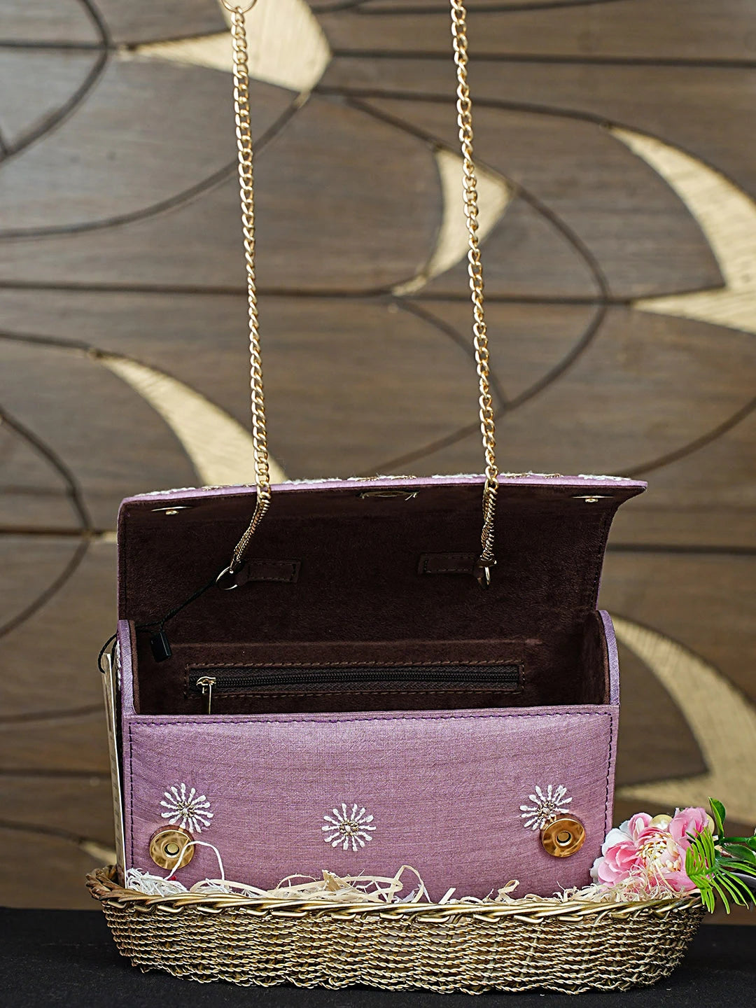 Ada Hand Embroidered Mauve Silk Lucknowi Chikankari Clutch With Zari Work 01A894261