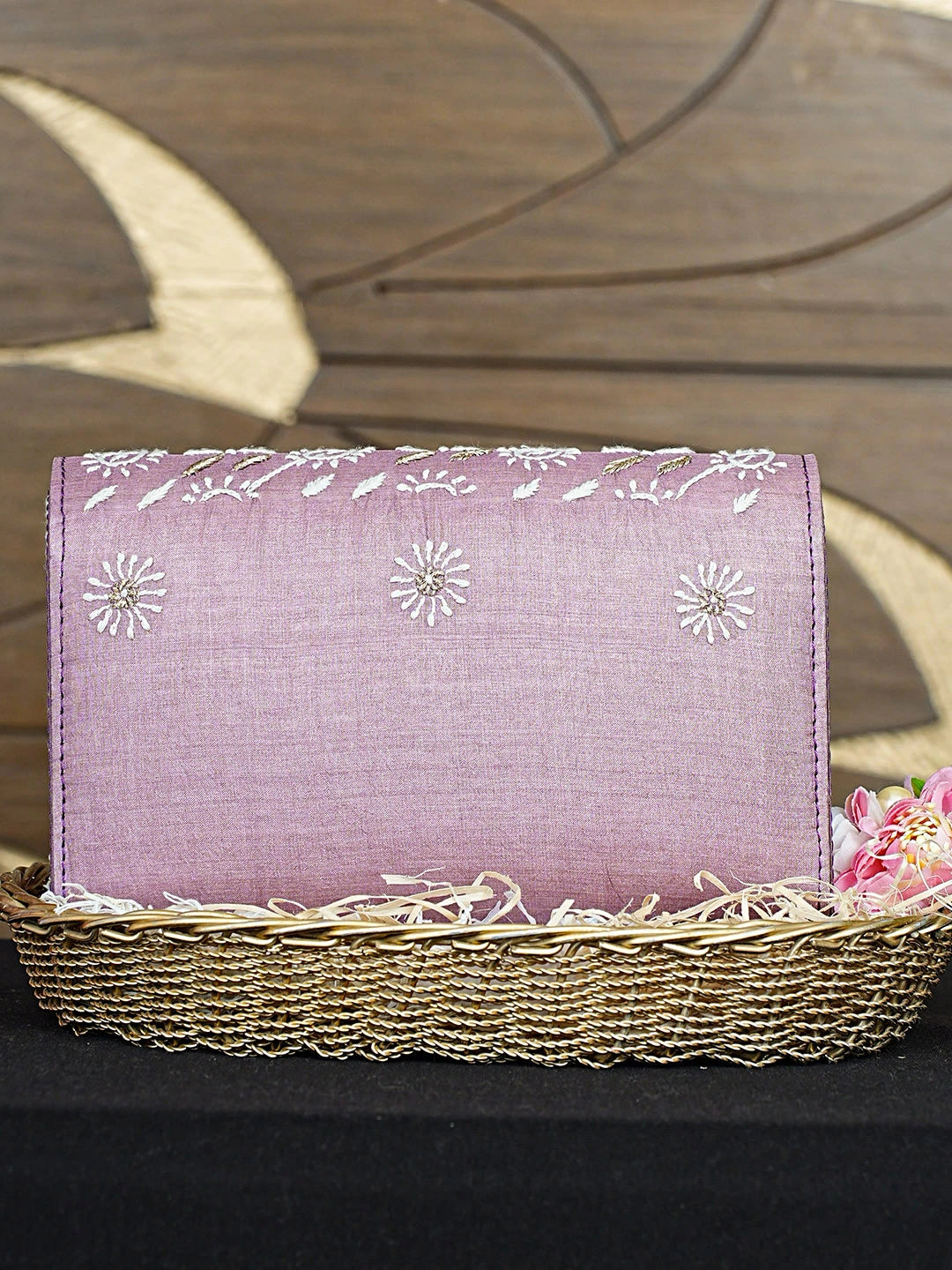 Ada Hand Embroidered Mauve Silk Lucknowi Chikankari Clutch With Zari Work 01A894261