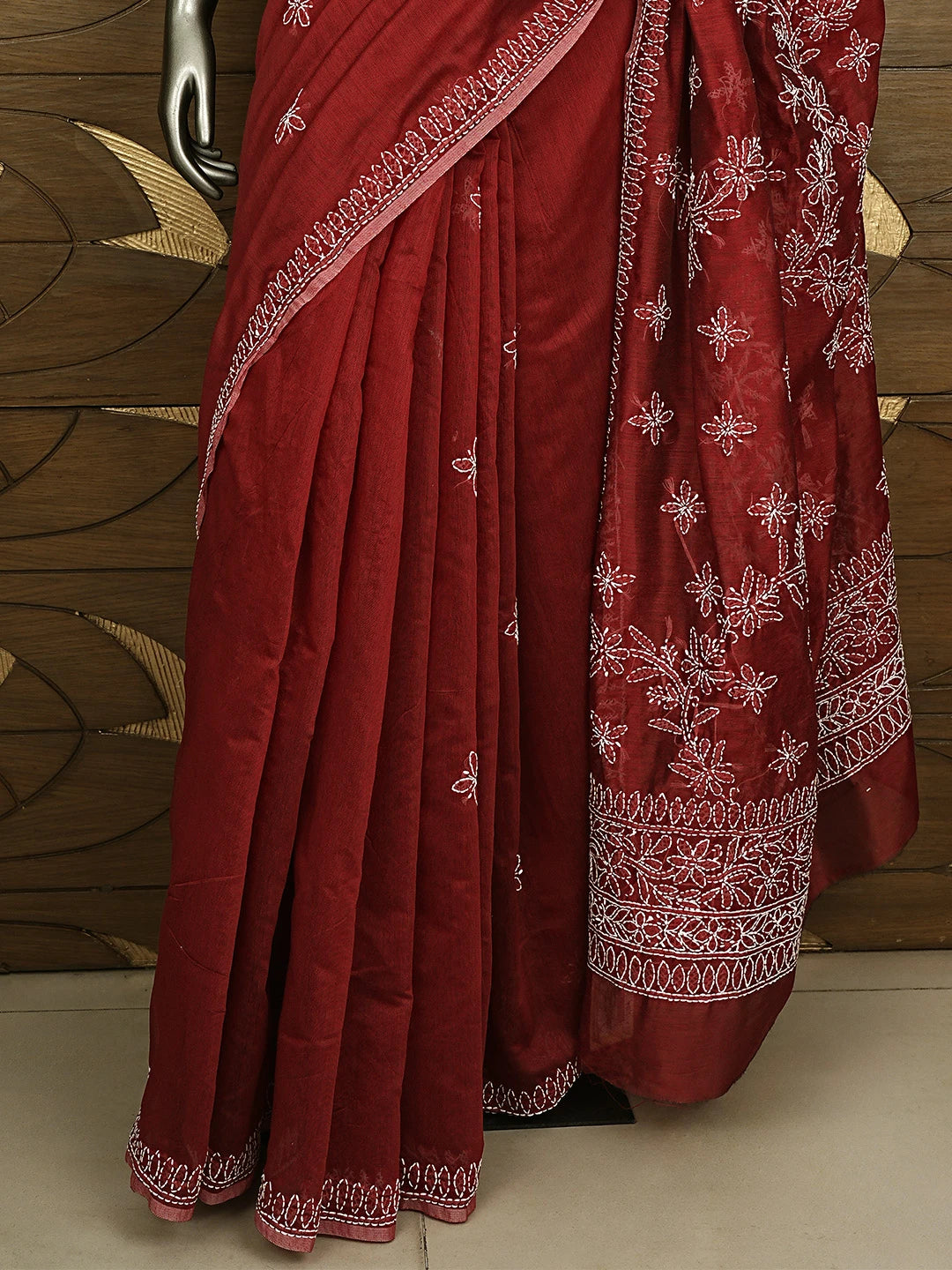 Ada Hand Embroidered Maroon Chanderi Lucknowi Chikankari Saree With Blouse 01A922914