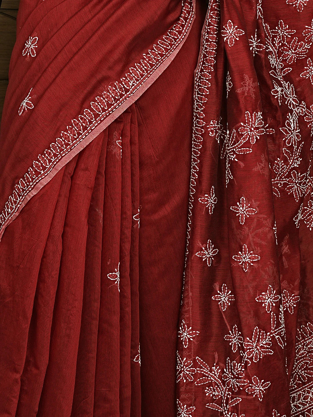 Ada Hand Embroidered Maroon Chanderi Lucknowi Chikankari Saree With Blouse 01A922914