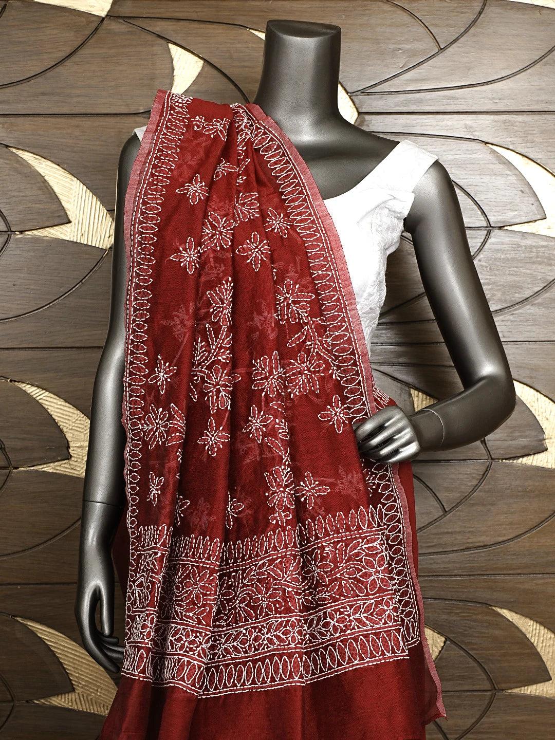 Ada Hand Embroidered Maroon Chanderi Lucknowi Chikankari Saree With Blouse 01A922914