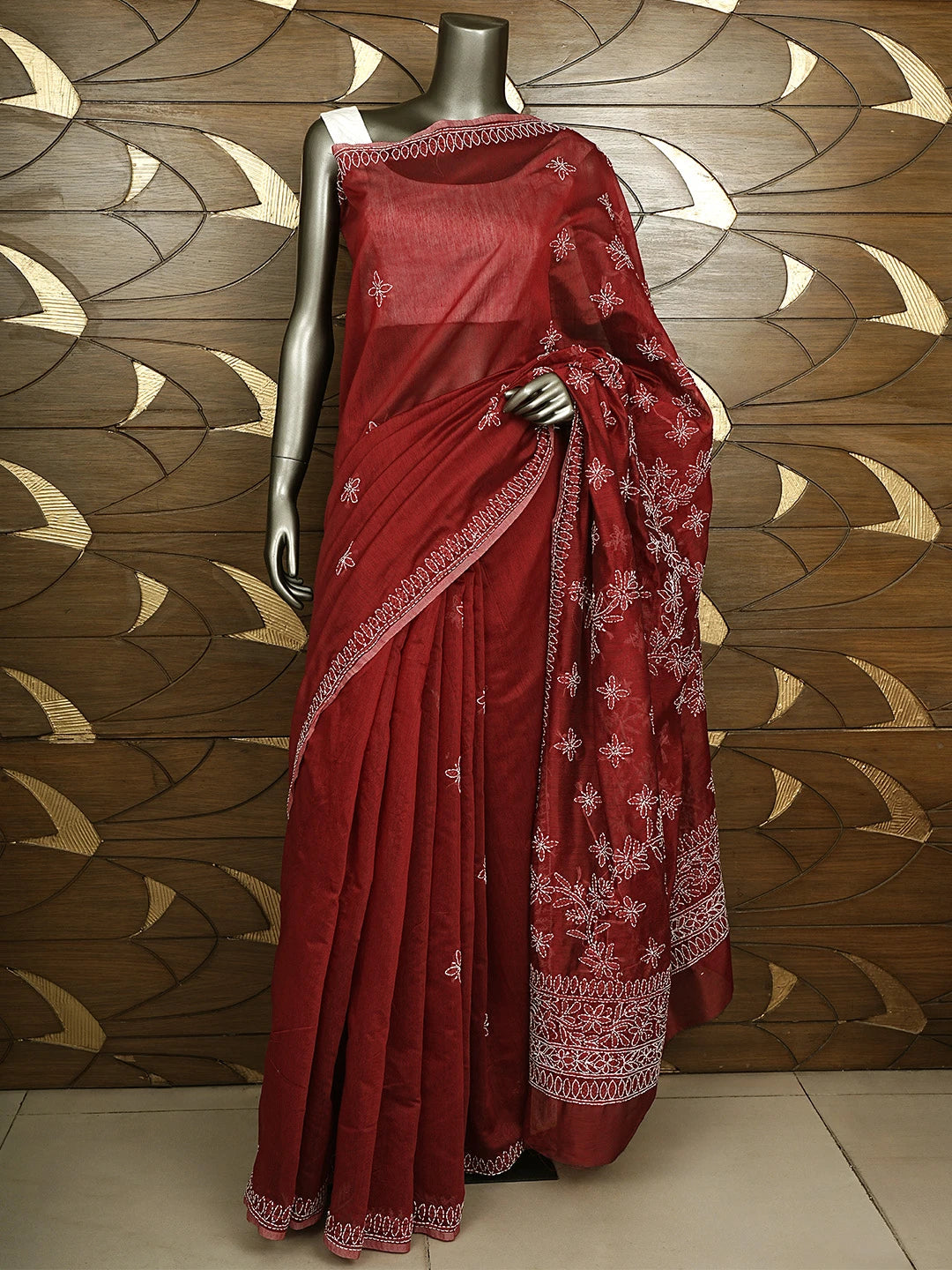 Ada Hand Embroidered Maroon Chanderi Lucknowi Chikankari Saree With Blouse 01A922914