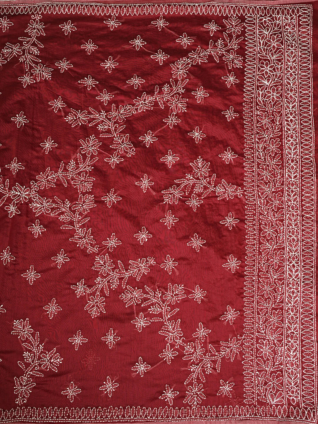 Ada Hand Embroidered Maroon Chanderi Lucknowi Chikankari Saree With Blouse 01A922914