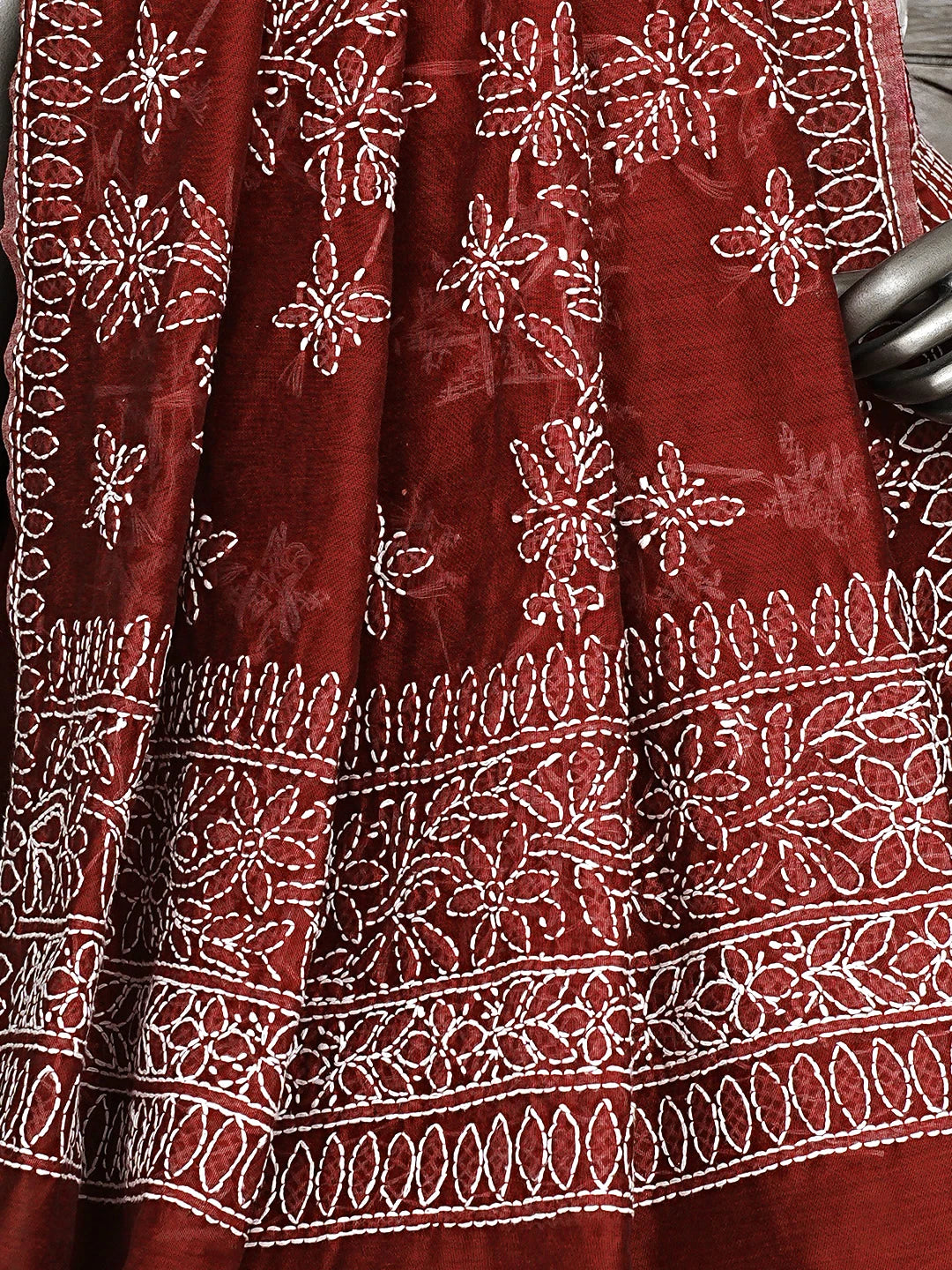 Ada Hand Embroidered Maroon Chanderi Lucknowi Chikankari Saree With Blouse 01A922914