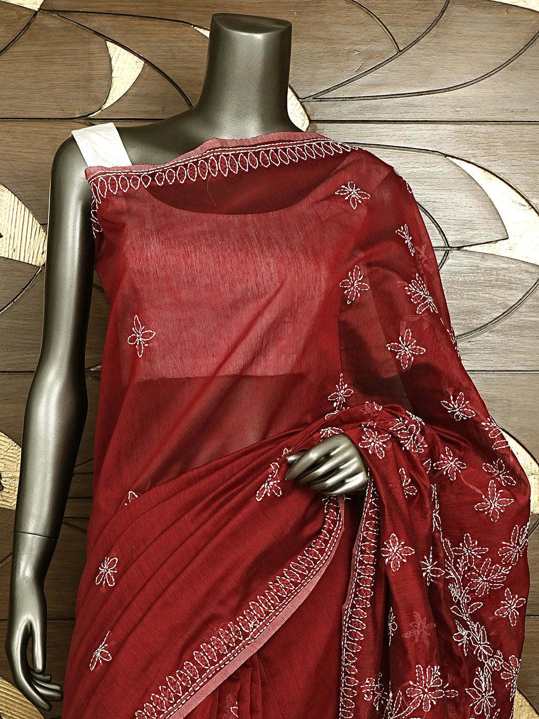 Ada Hand Embroidered Maroon Chanderi Lucknowi Chikankari Saree With Blouse 01A922914