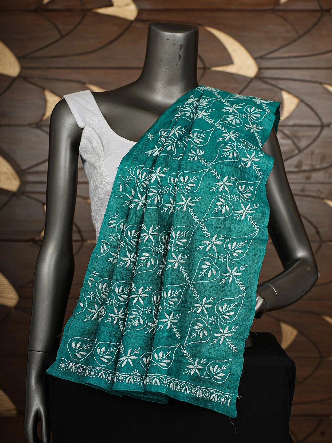 Ada Hand Embroidered Rama Green Tusser Silk Lucknowi Chikankari Dupatta 01A922685
