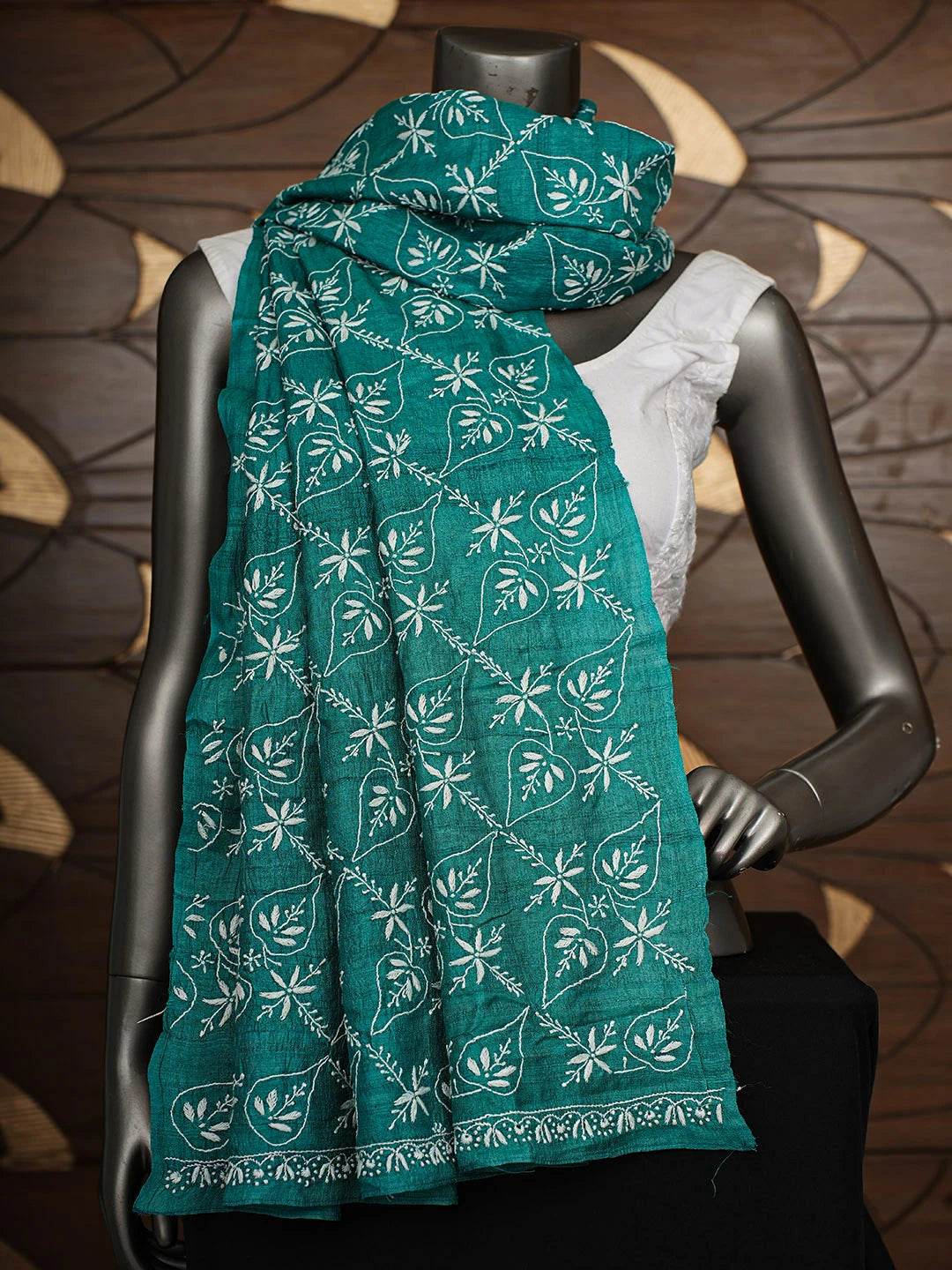 Ada Hand Embroidered Rama Green Tusser Silk Lucknowi Chikankari Dupatta 01A922685