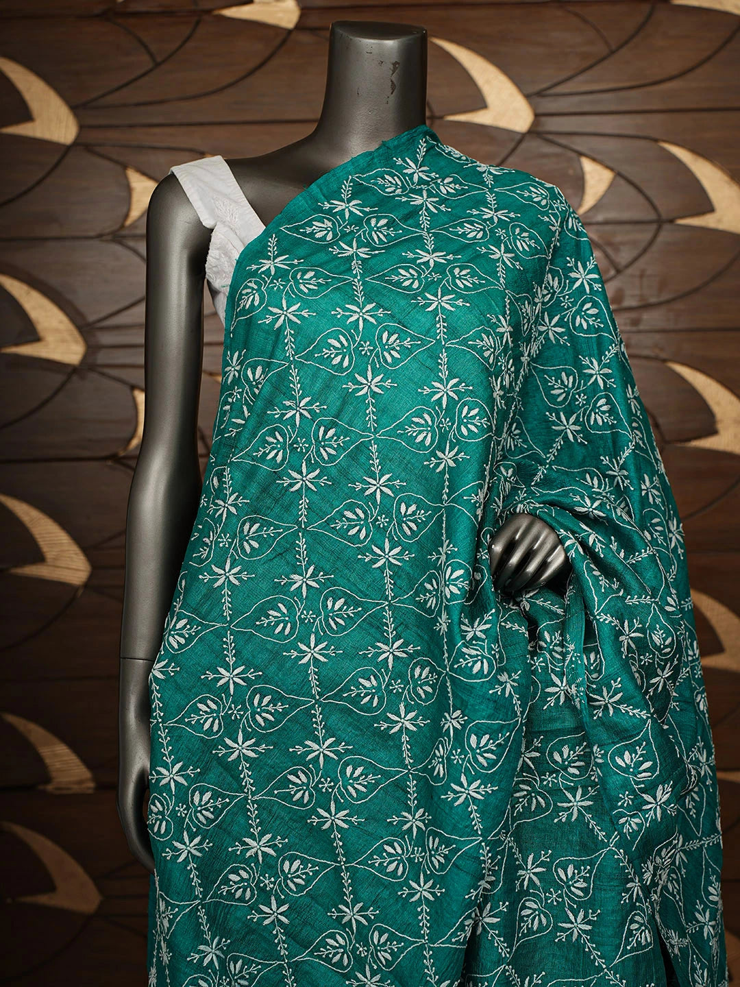 Ada Hand Embroidered Rama Green Tusser Silk Lucknowi Chikankari Dupatta 01A922685